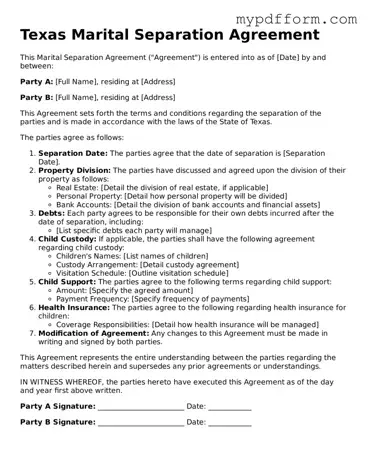 Valid  Marital Separation Agreement Template for Texas