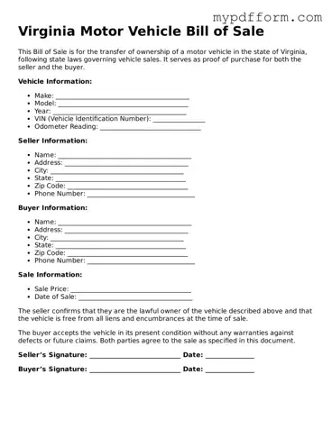 Valid  Motor Vehicle Bill of Sale Template for Virginia