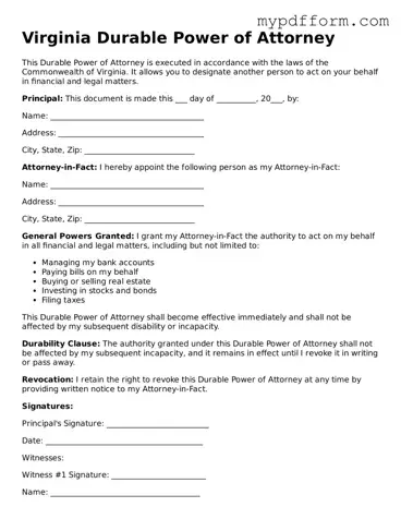 Valid  Durable Power of Attorney Template for Virginia