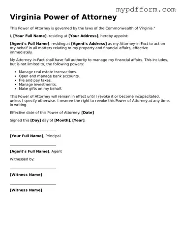 Valid  Power of Attorney Template for Virginia