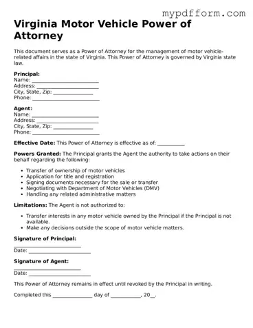 Valid  Motor Vehicle Power of Attorney Template for Virginia
