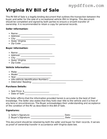 Valid  RV Bill of Sale Template for Virginia