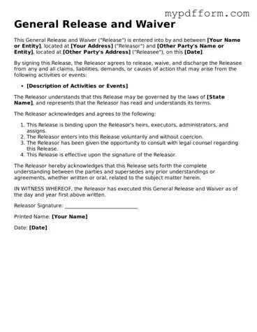 Fillable General Release and Waiver Document