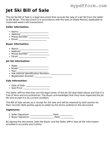Fillable Jet Ski Bill of Sale Document