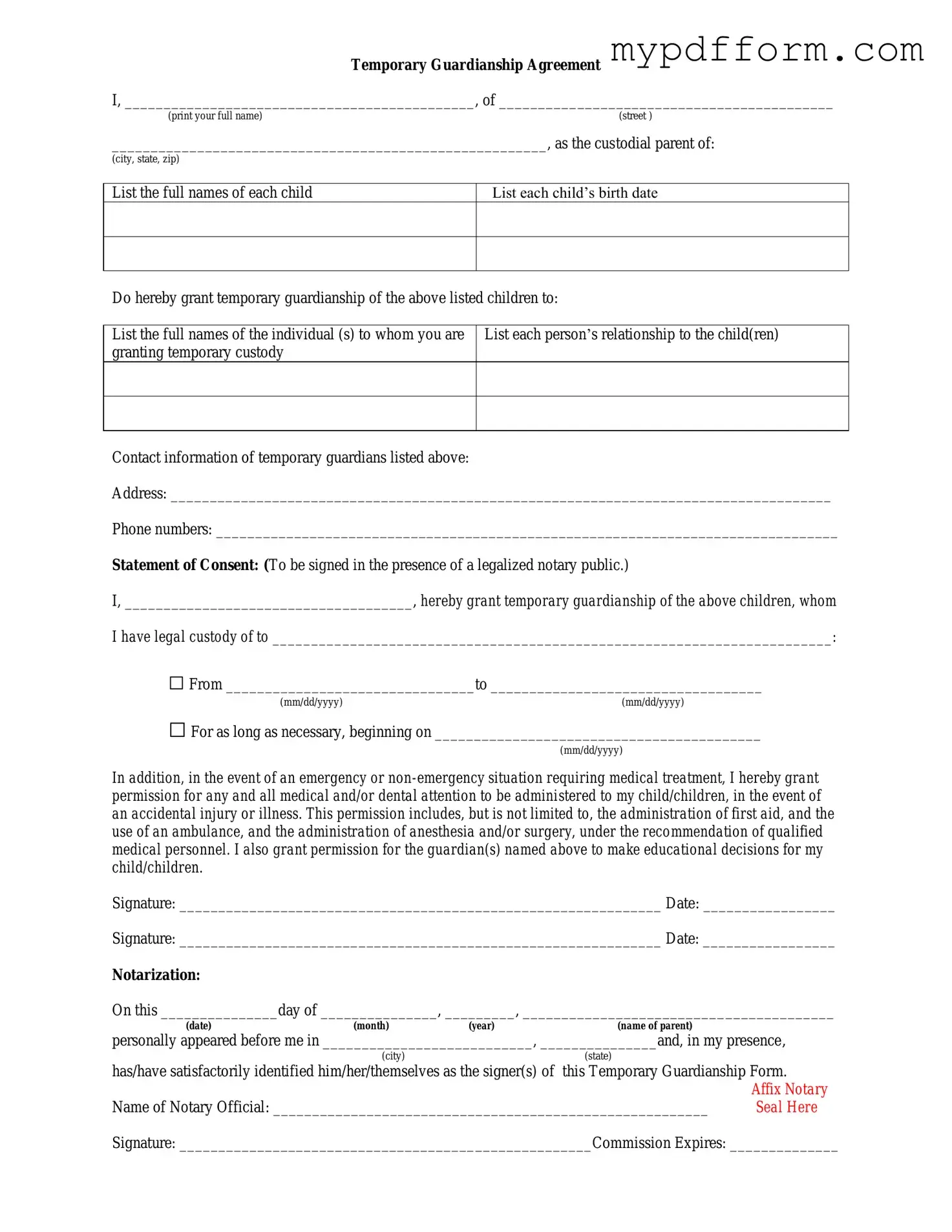 Fill in Your Temporary Custody Form