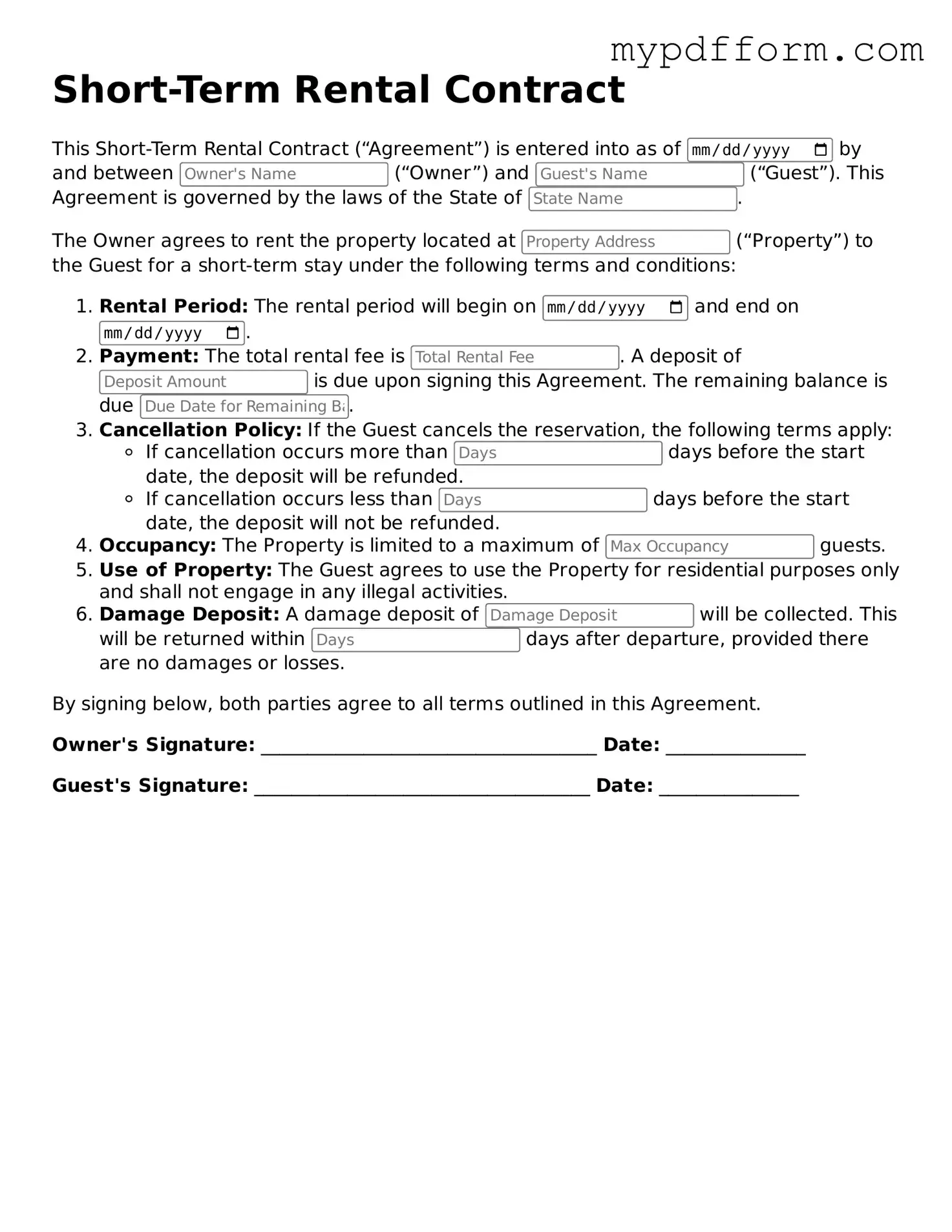 Fillable Short-Term Rental Contract Document