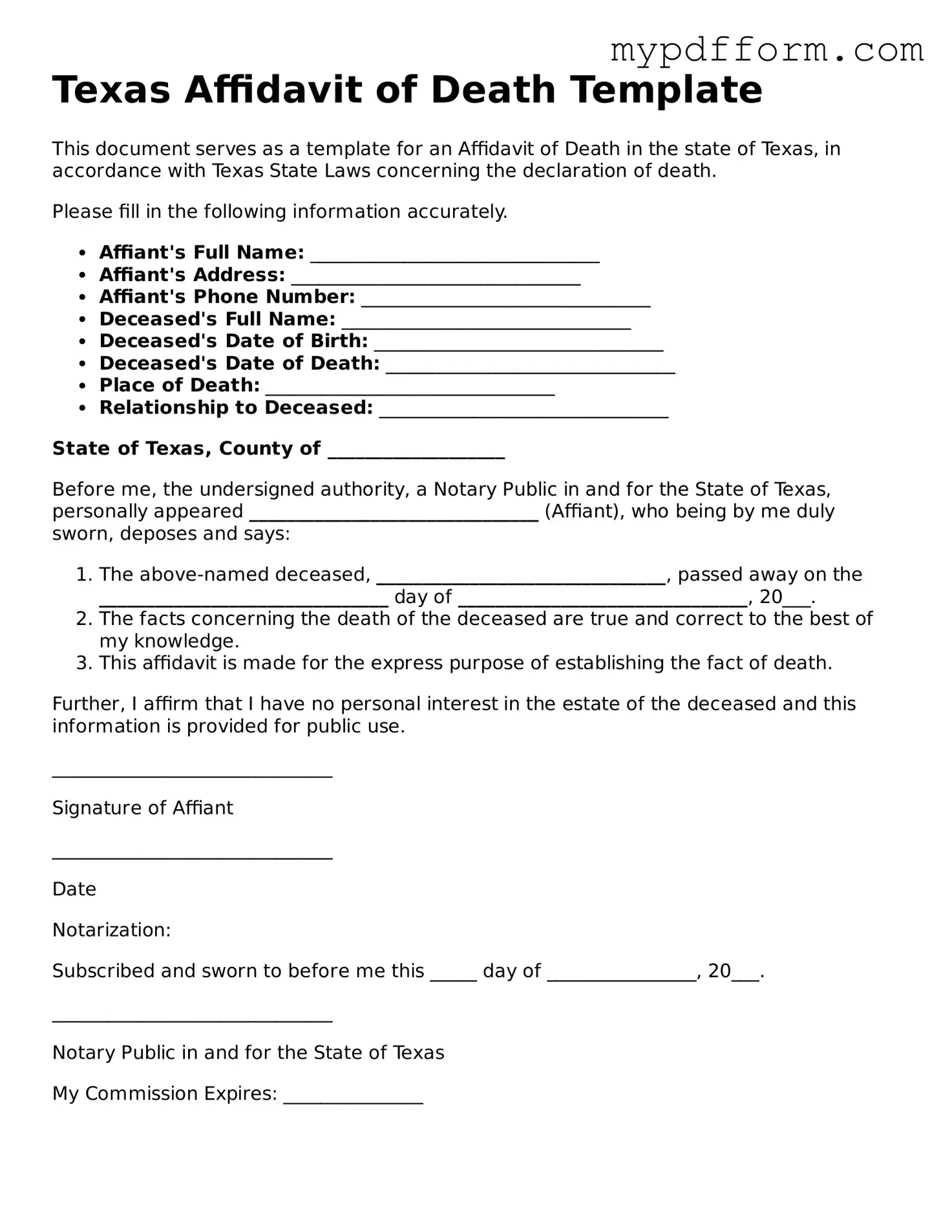 Valid  Affidavit of Death Template for Texas