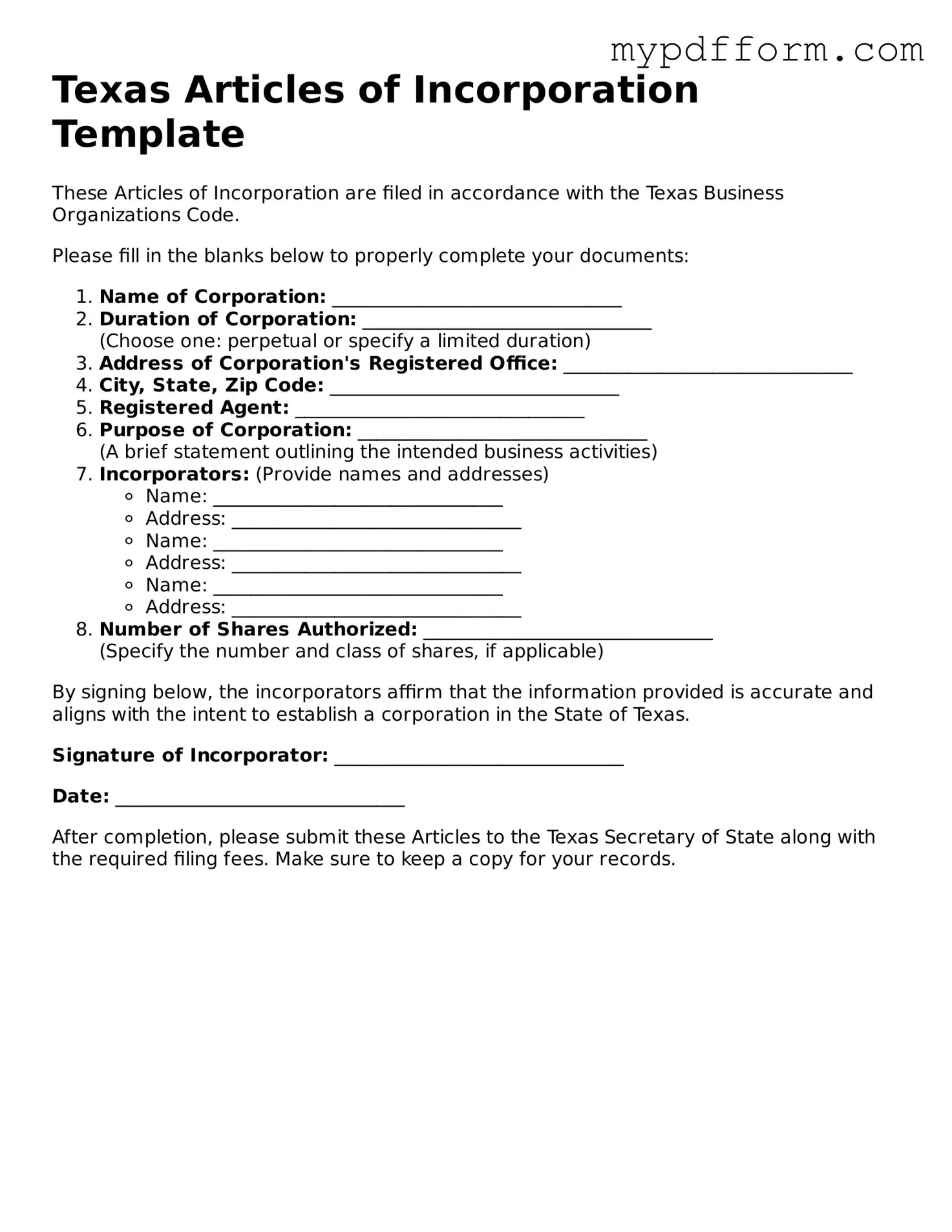 Valid  Articles of Incorporation Template for Texas