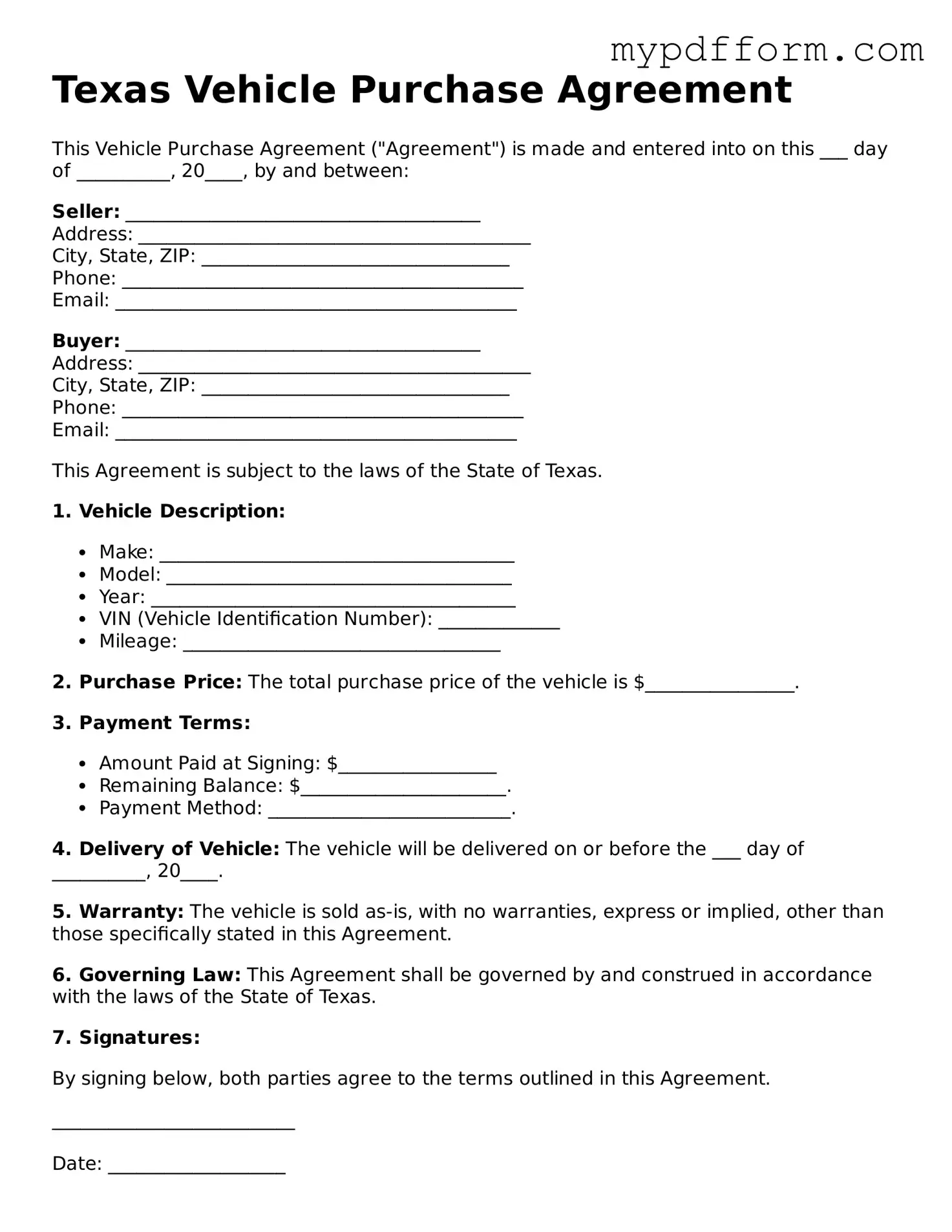 Valid  Vehicle Purchase Agreement Template for Texas