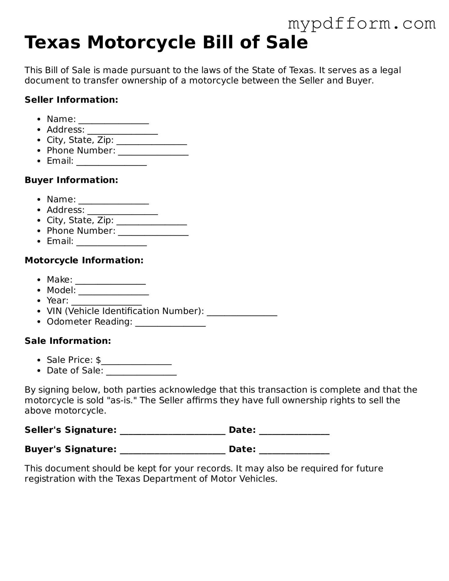 Valid  Motorcycle Bill of Sale Template for Texas