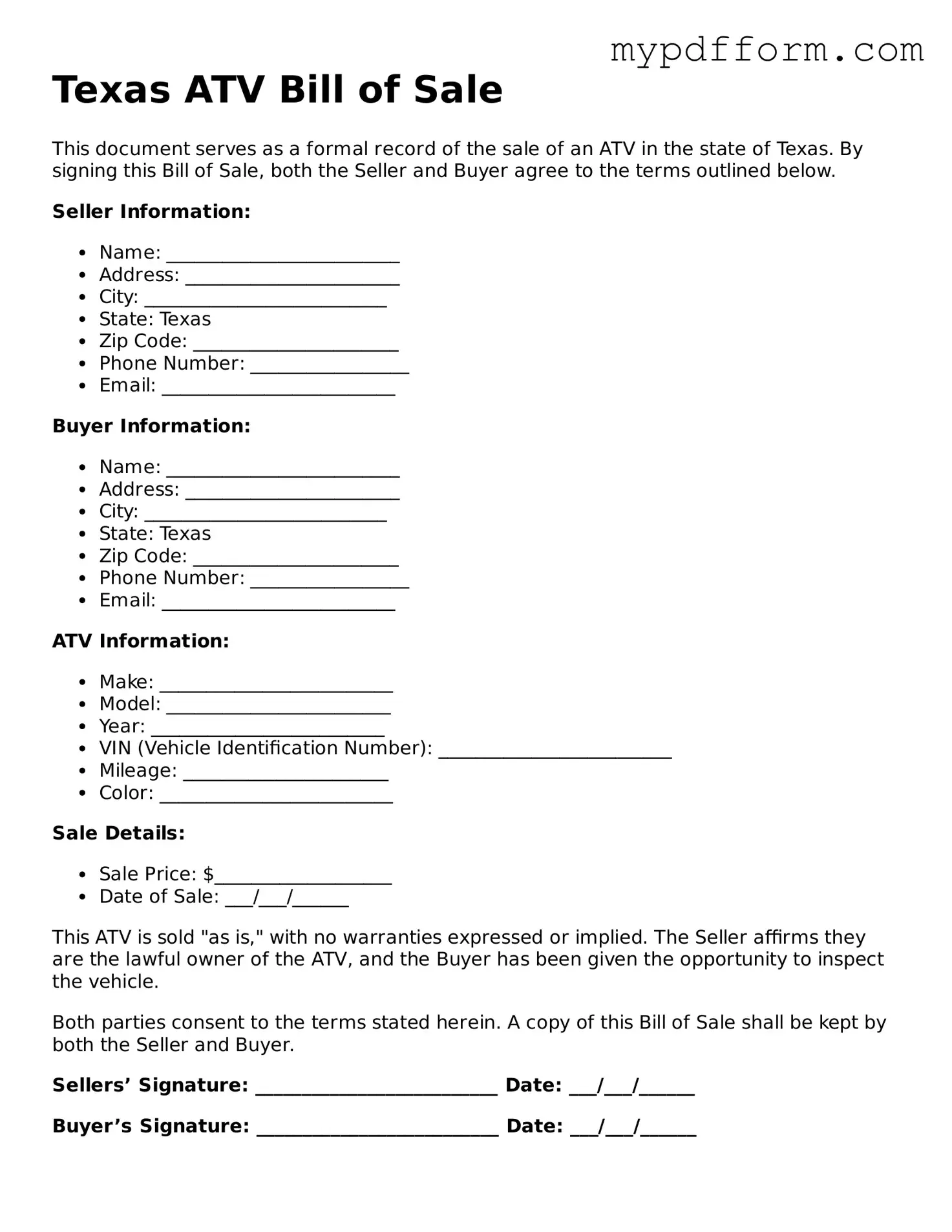 Valid  ATV Bill of Sale Template for Texas