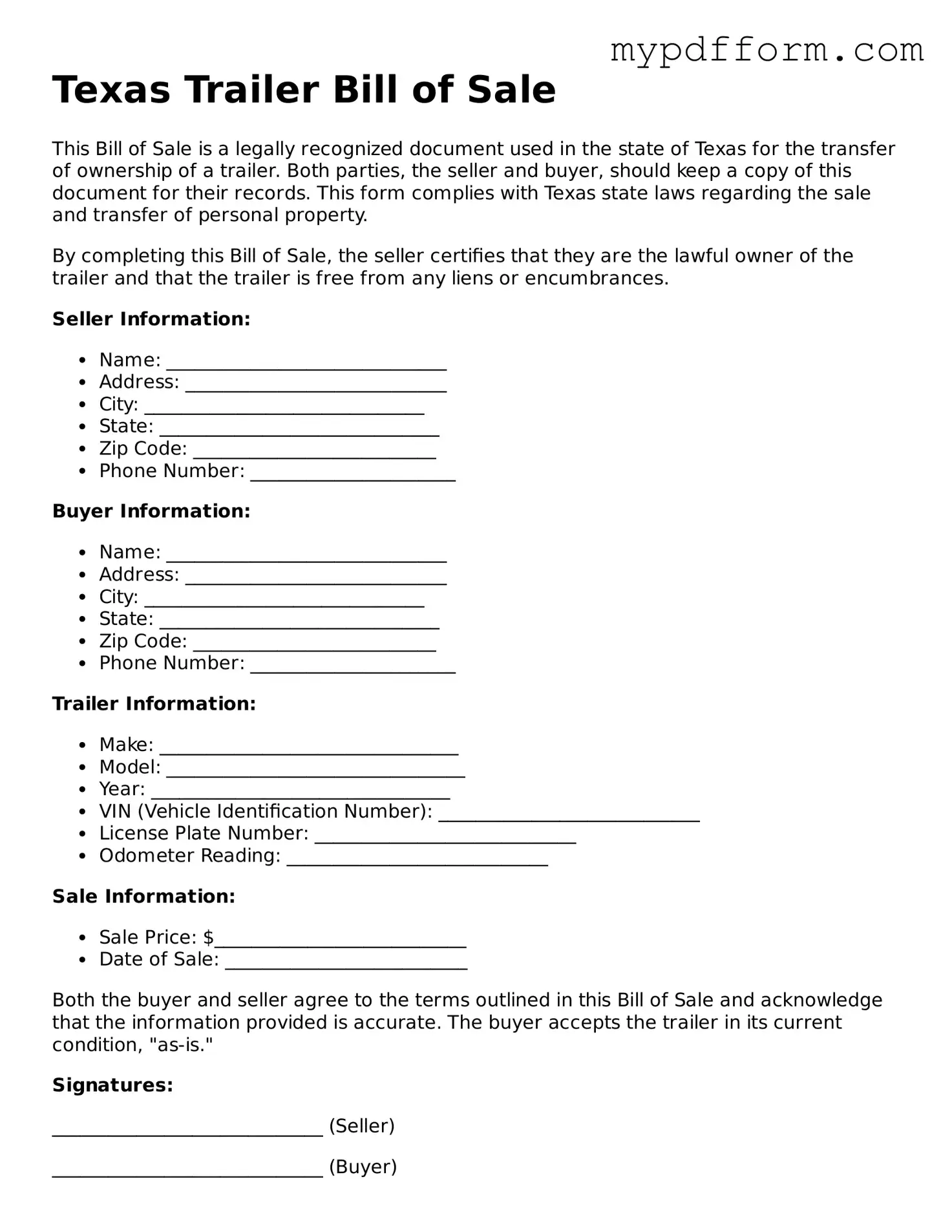 Valid  Trailer Bill of Sale Template for Texas
