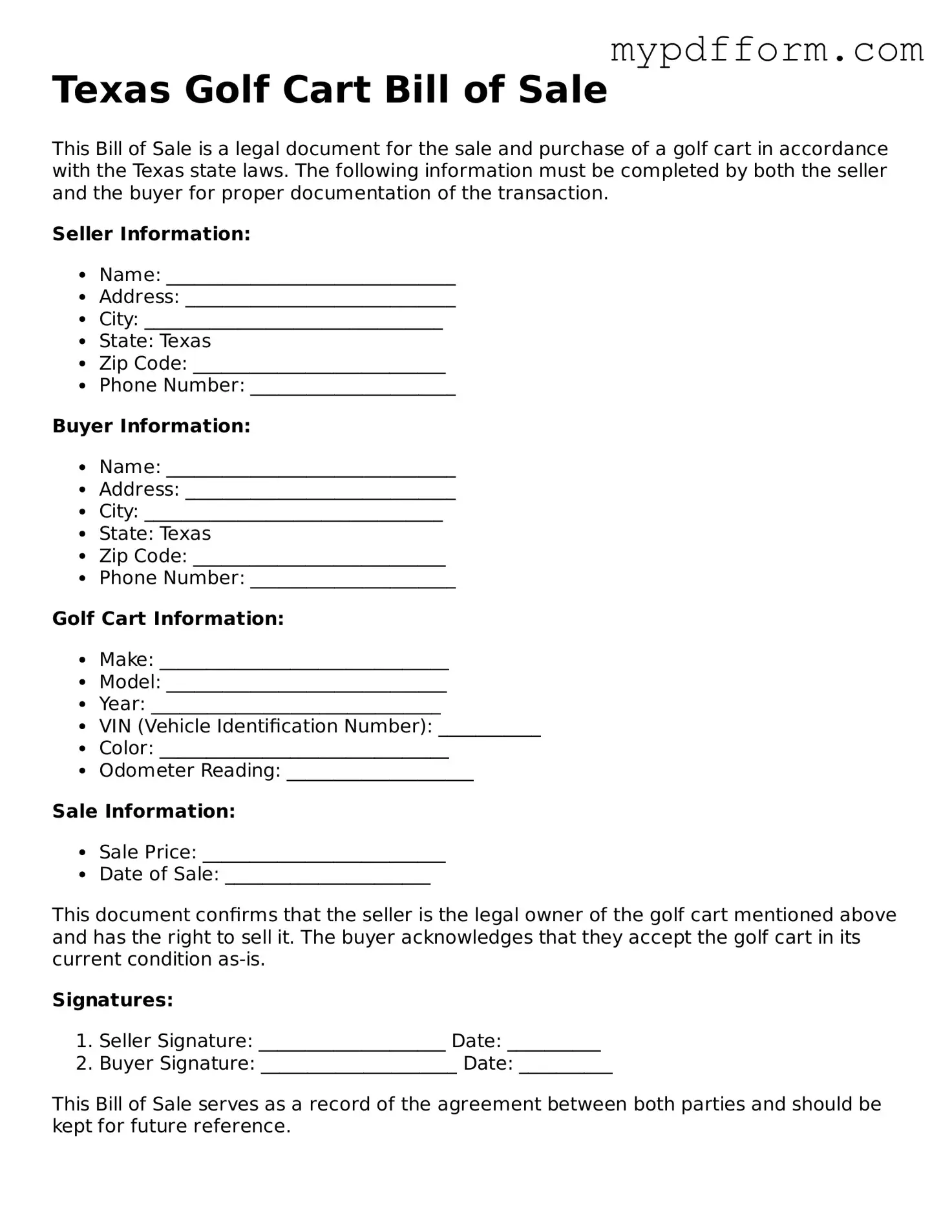 Valid  Golf Cart Bill of Sale Template for Texas