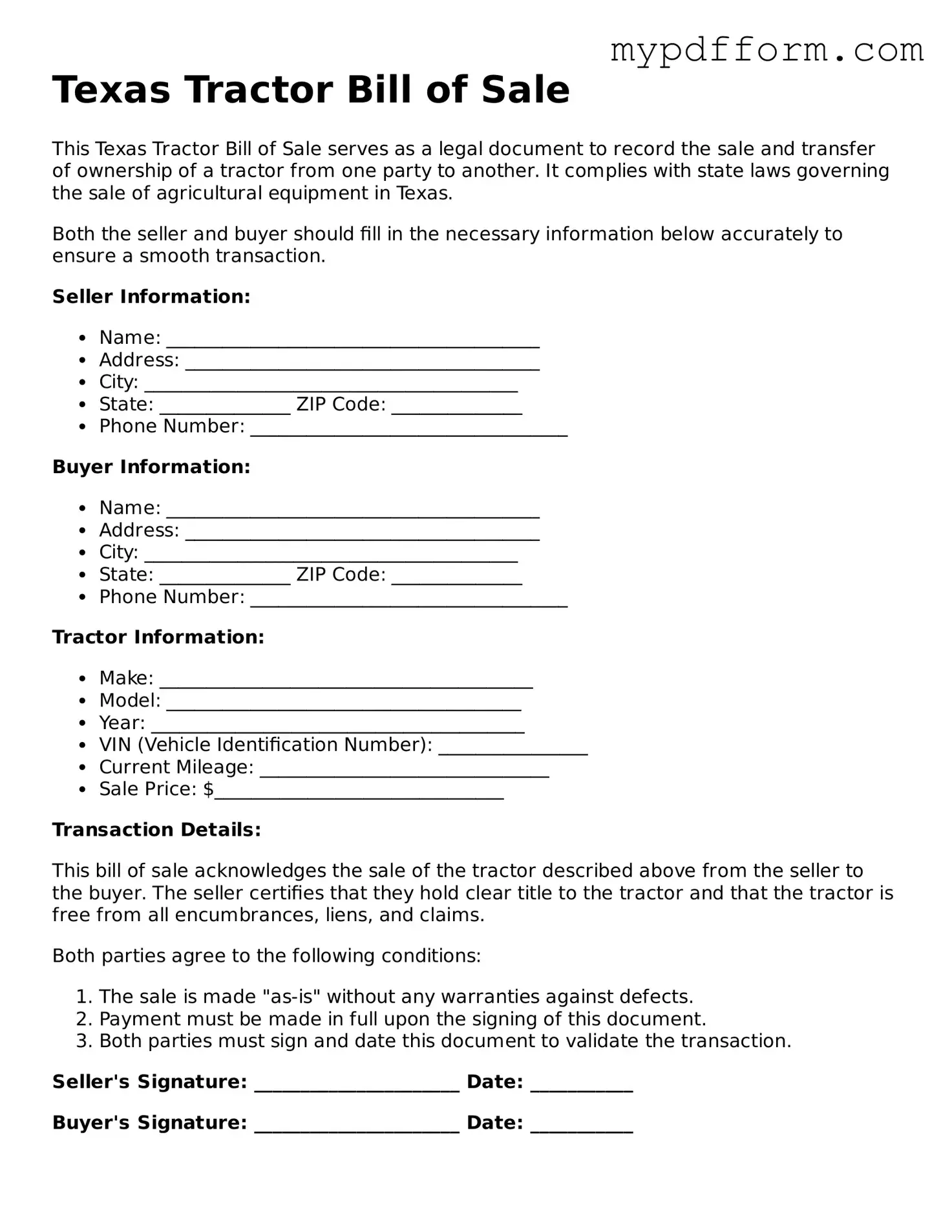 Valid  Tractor Bill of Sale Template for Texas