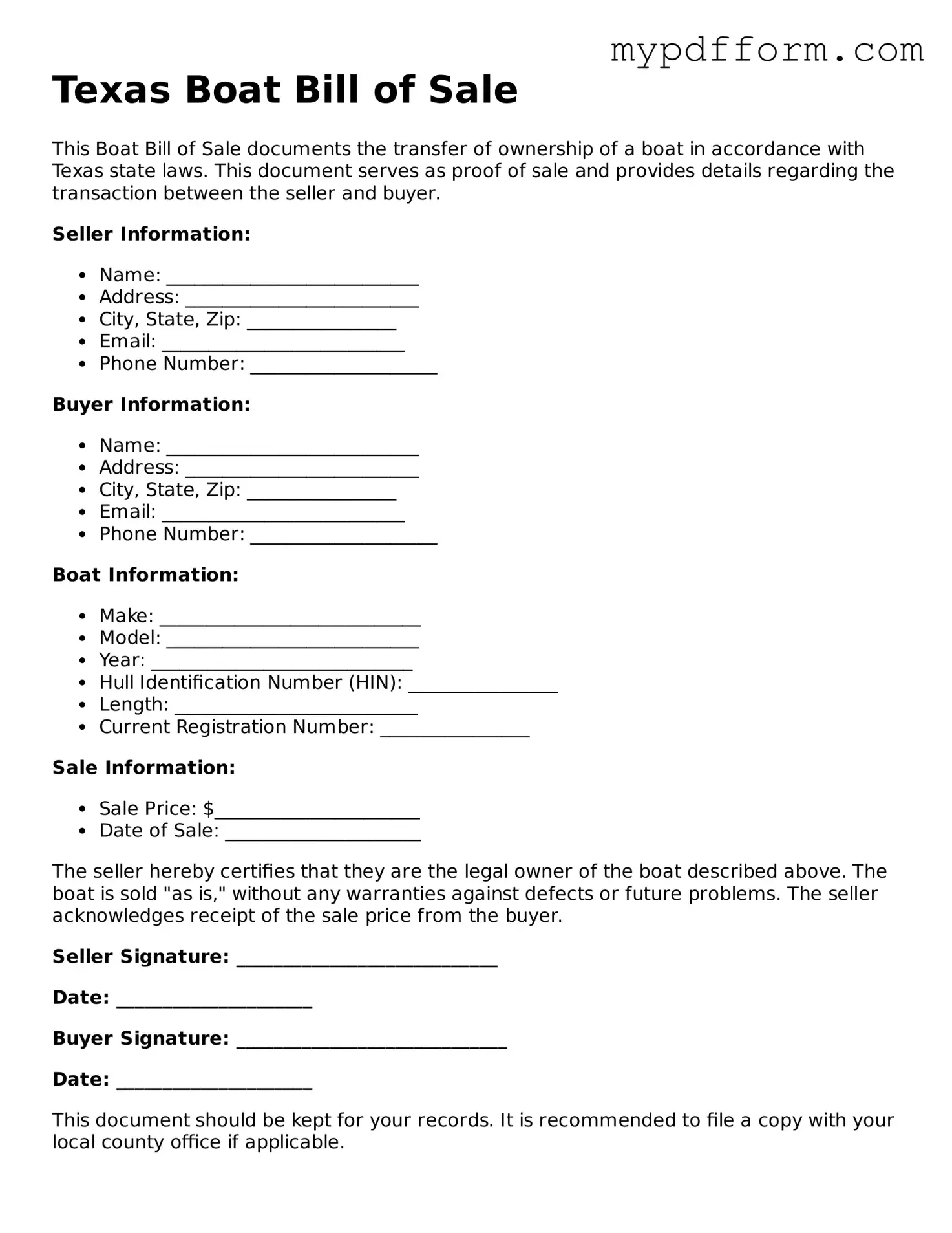Valid  Boat Bill of Sale Template for Texas
