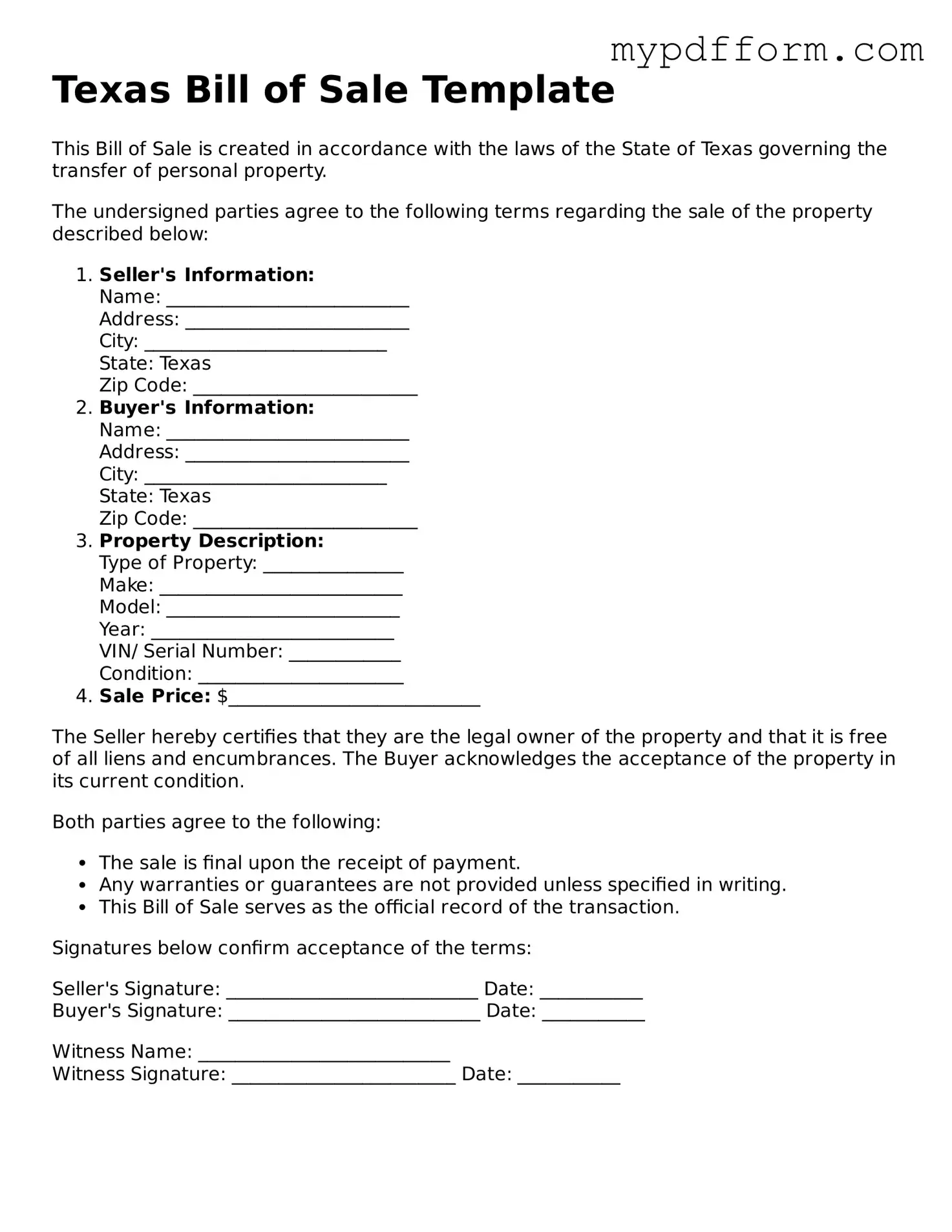 Valid  Bill of Sale Template for Texas