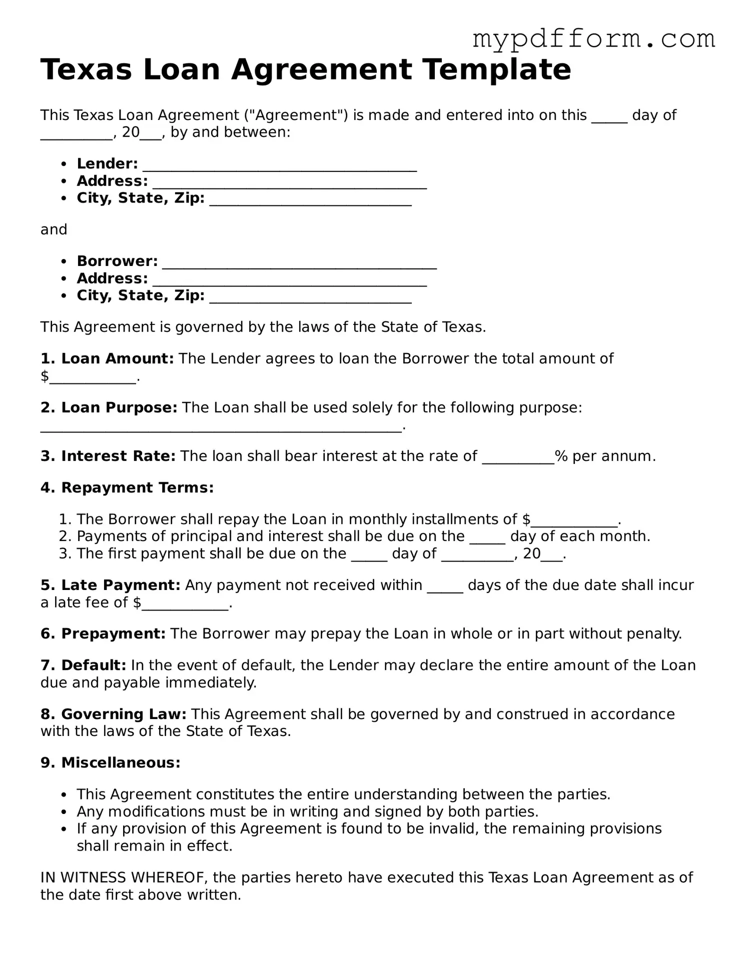 Valid  Loan Agreement Template for Texas