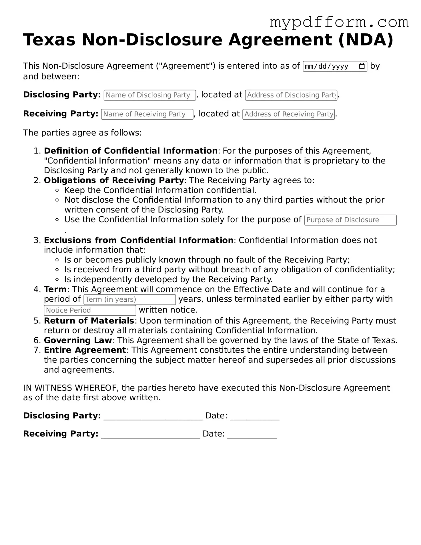 Valid  Non-disclosure Agreement Template for Texas