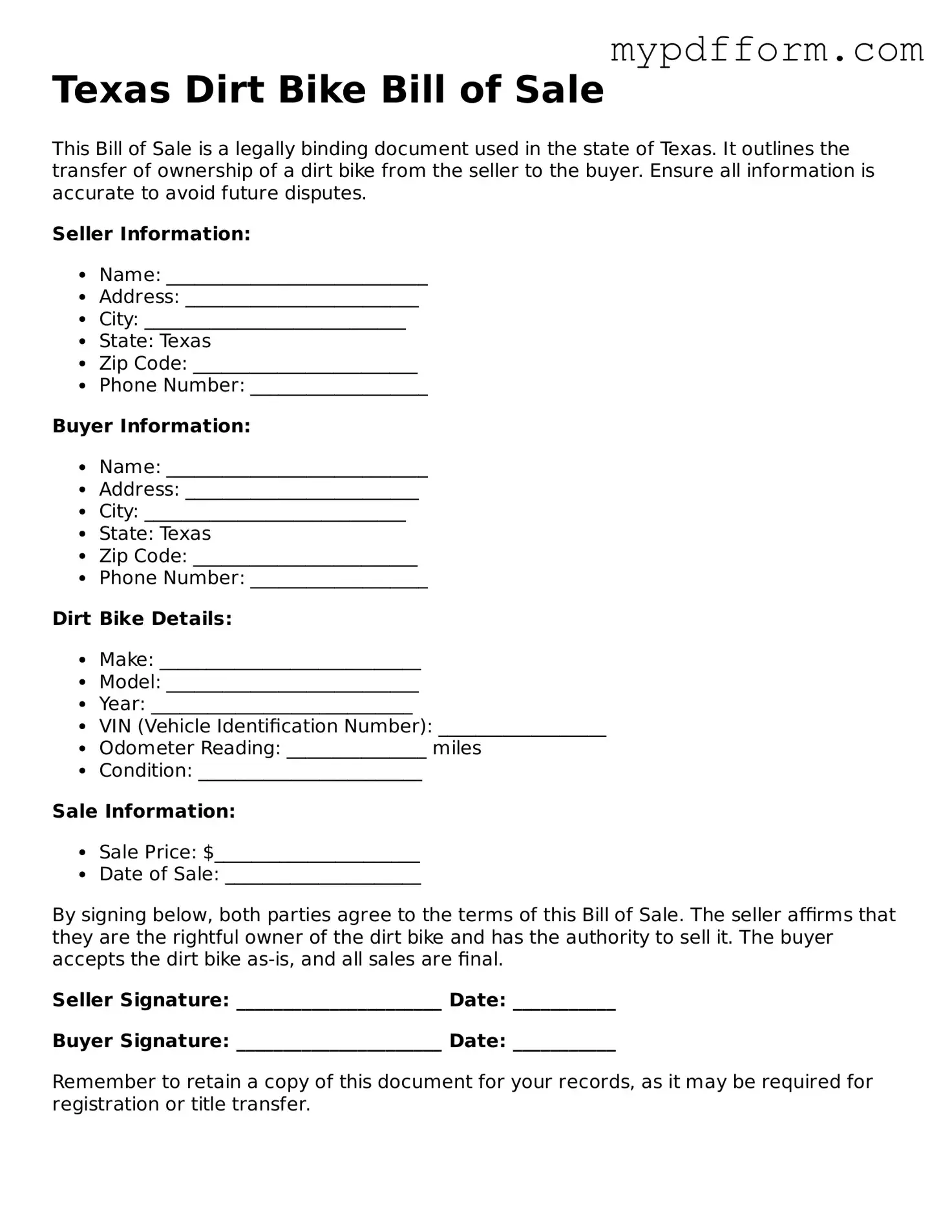 Valid  Dirt Bike Bill of Sale Template for Texas