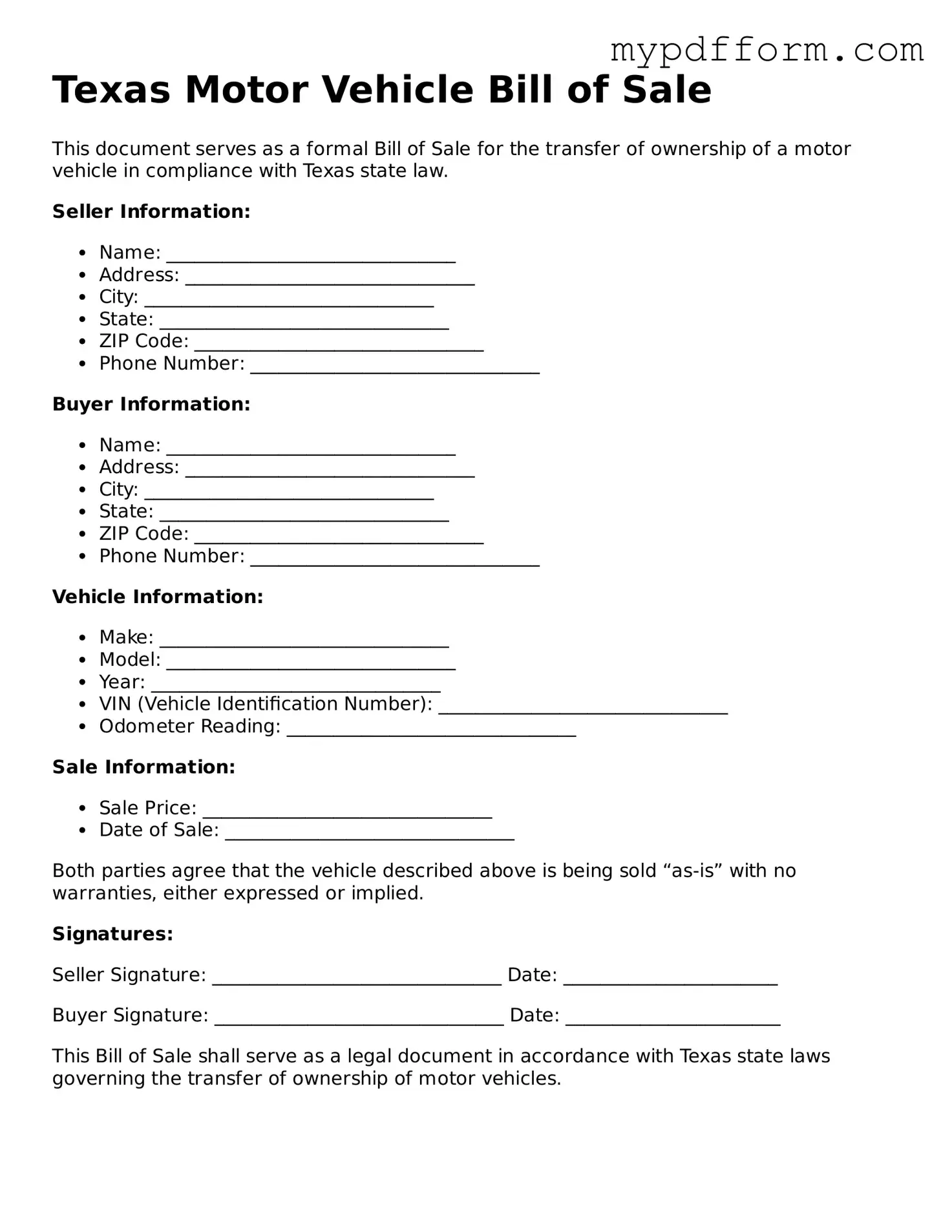 Valid  Motor Vehicle Bill of Sale Template for Texas