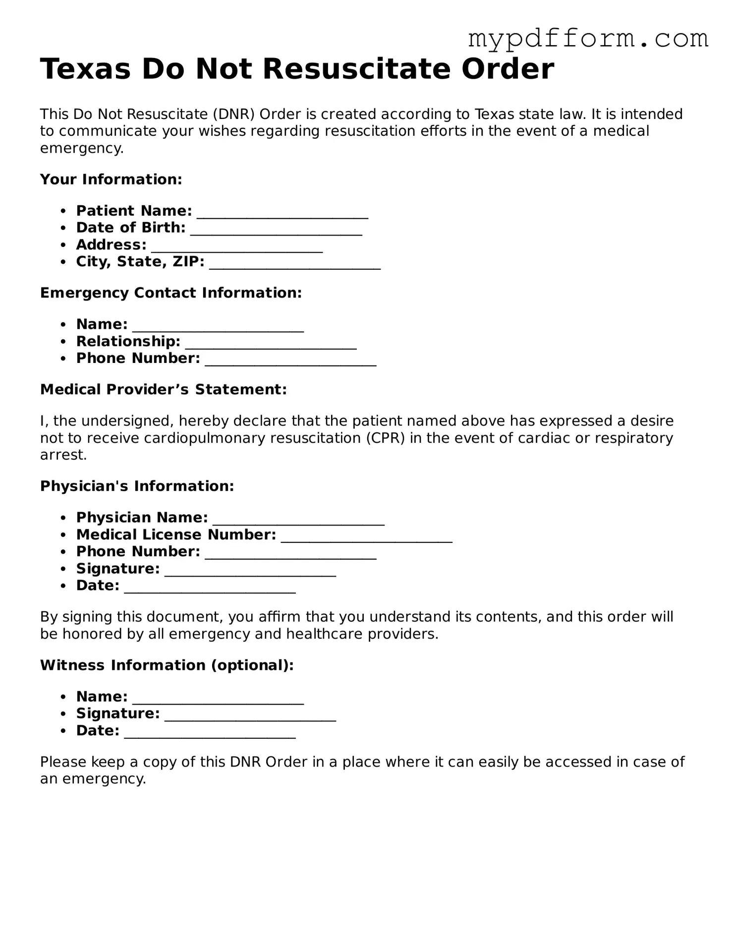 Valid  Do Not Resuscitate Order Template for Texas