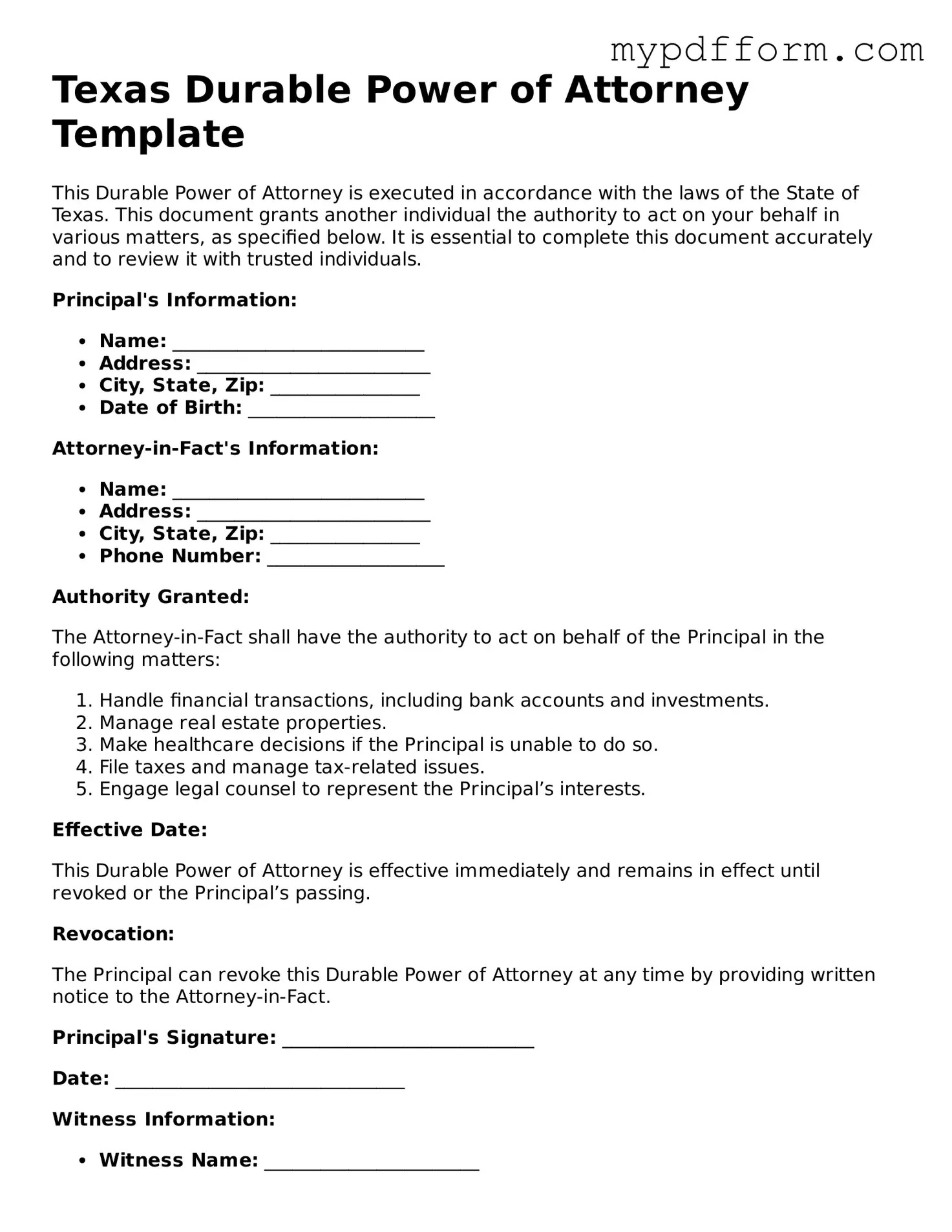 Valid  Durable Power of Attorney Template for Texas