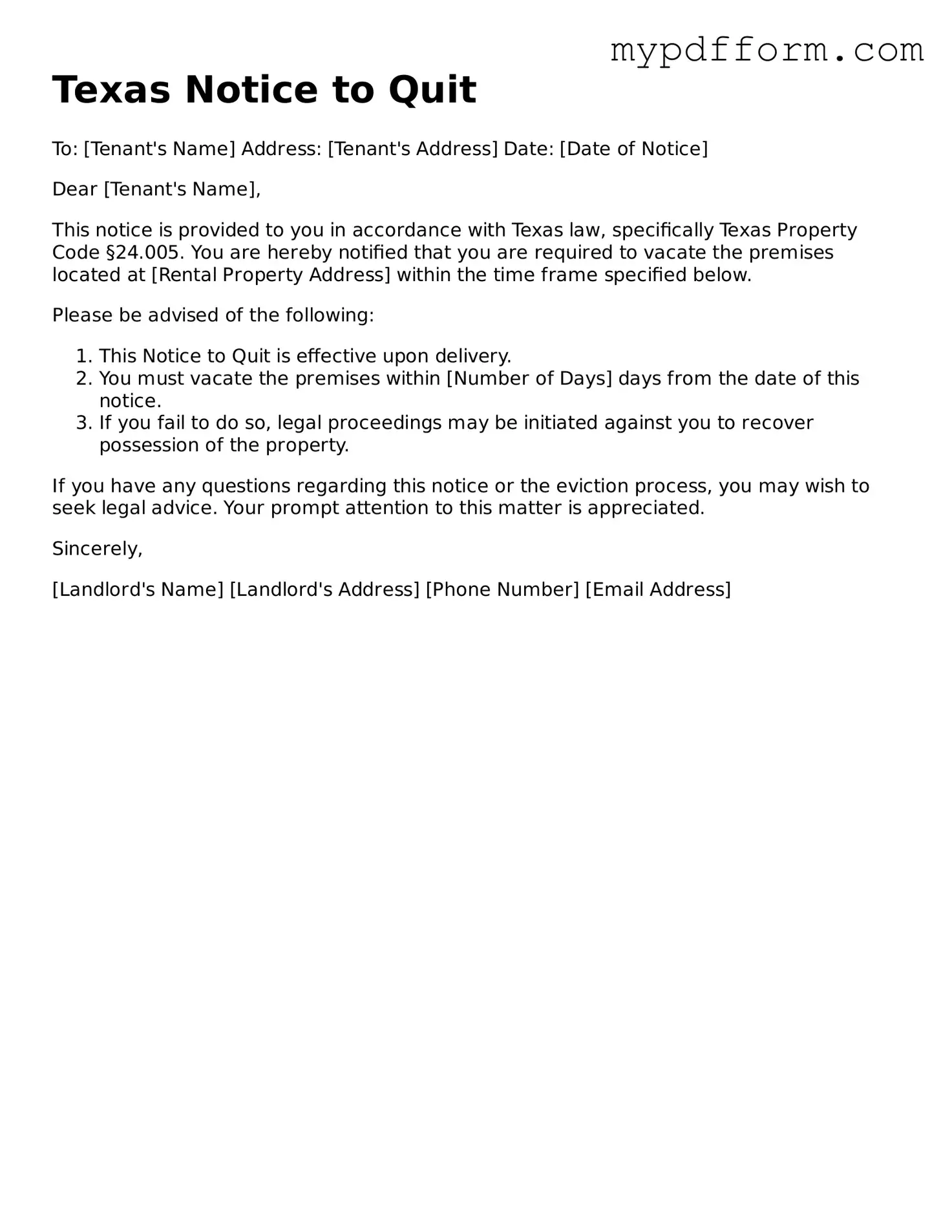 Valid  Notice to Quit Template for Texas
