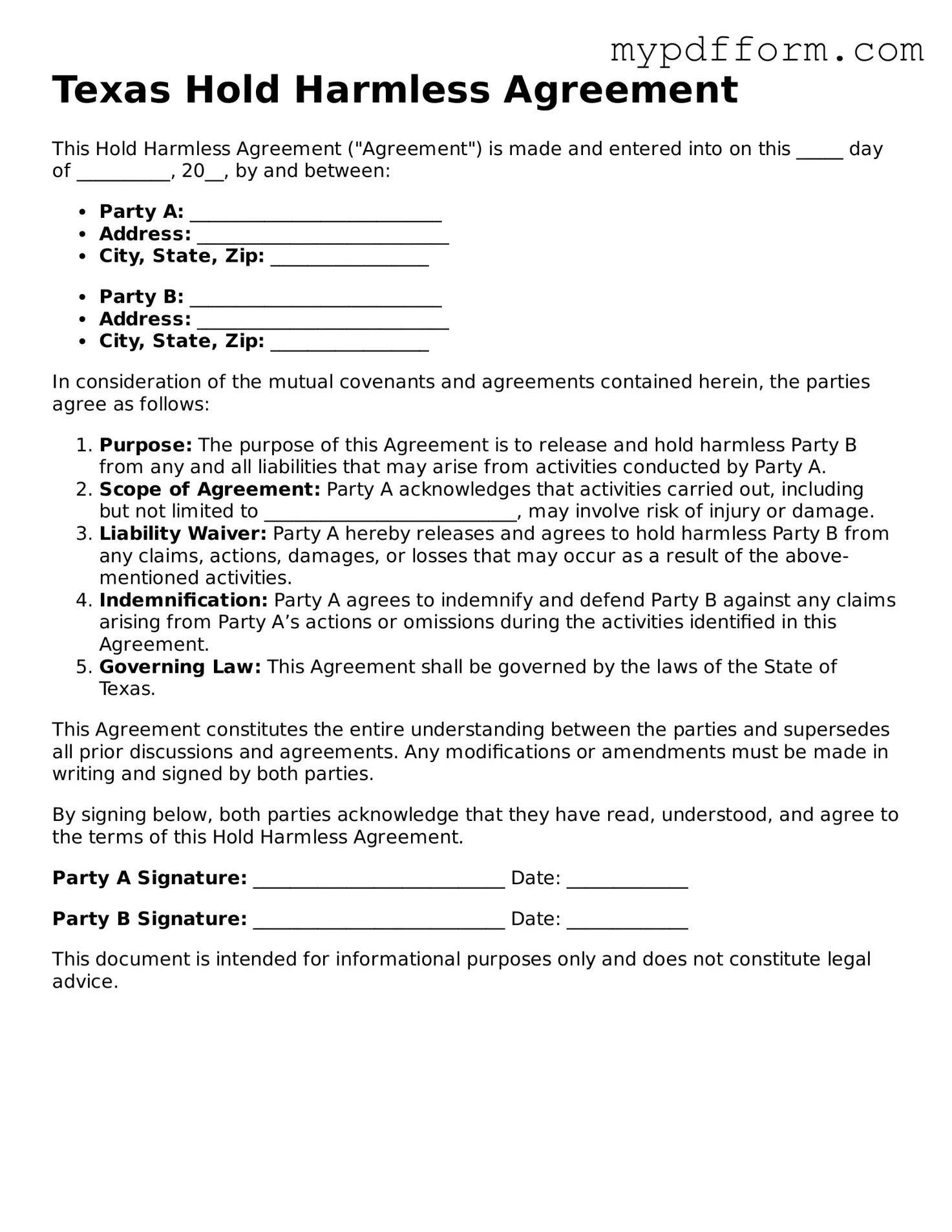 Valid  Hold Harmless Agreement Template for Texas