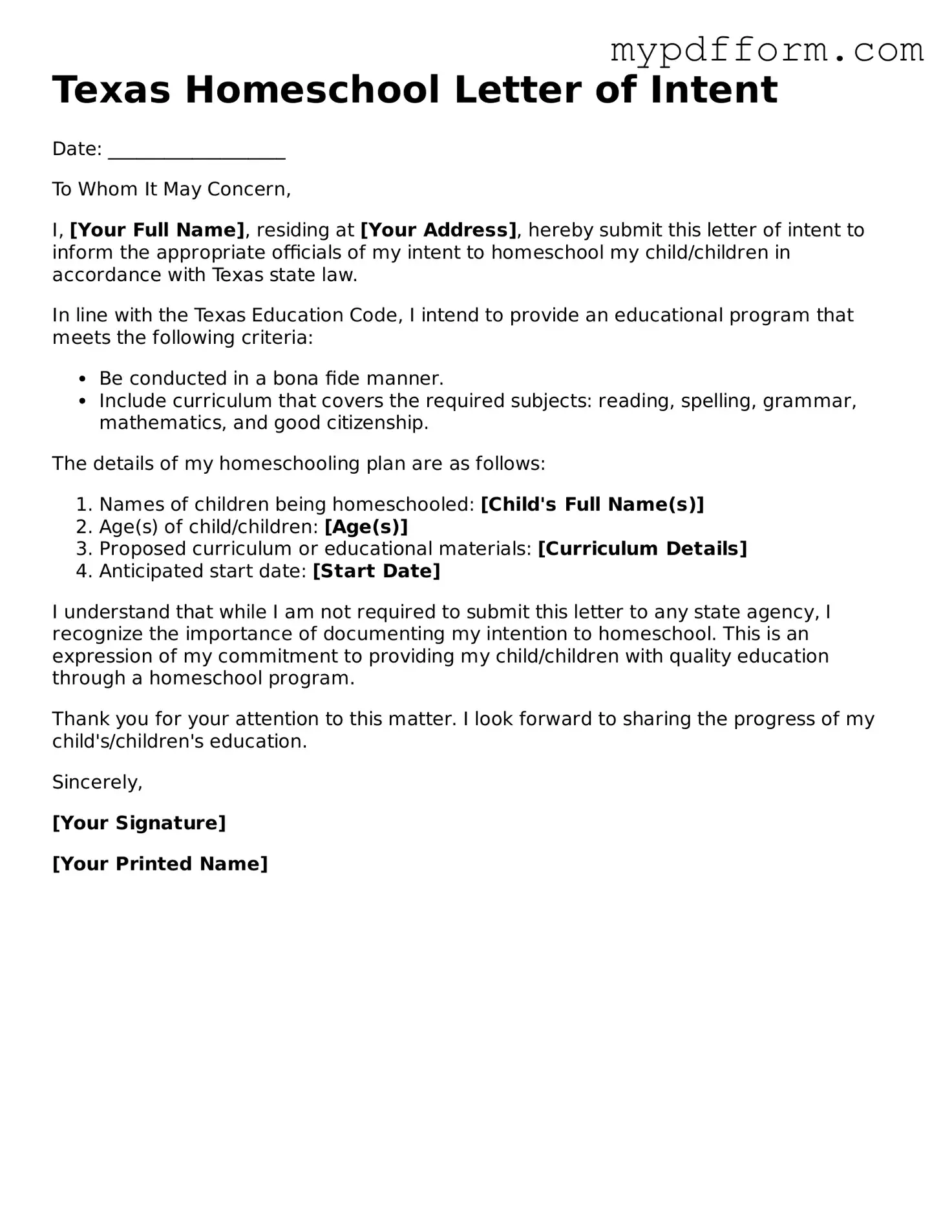 Valid  Homeschool Letter of Intent Template for Texas