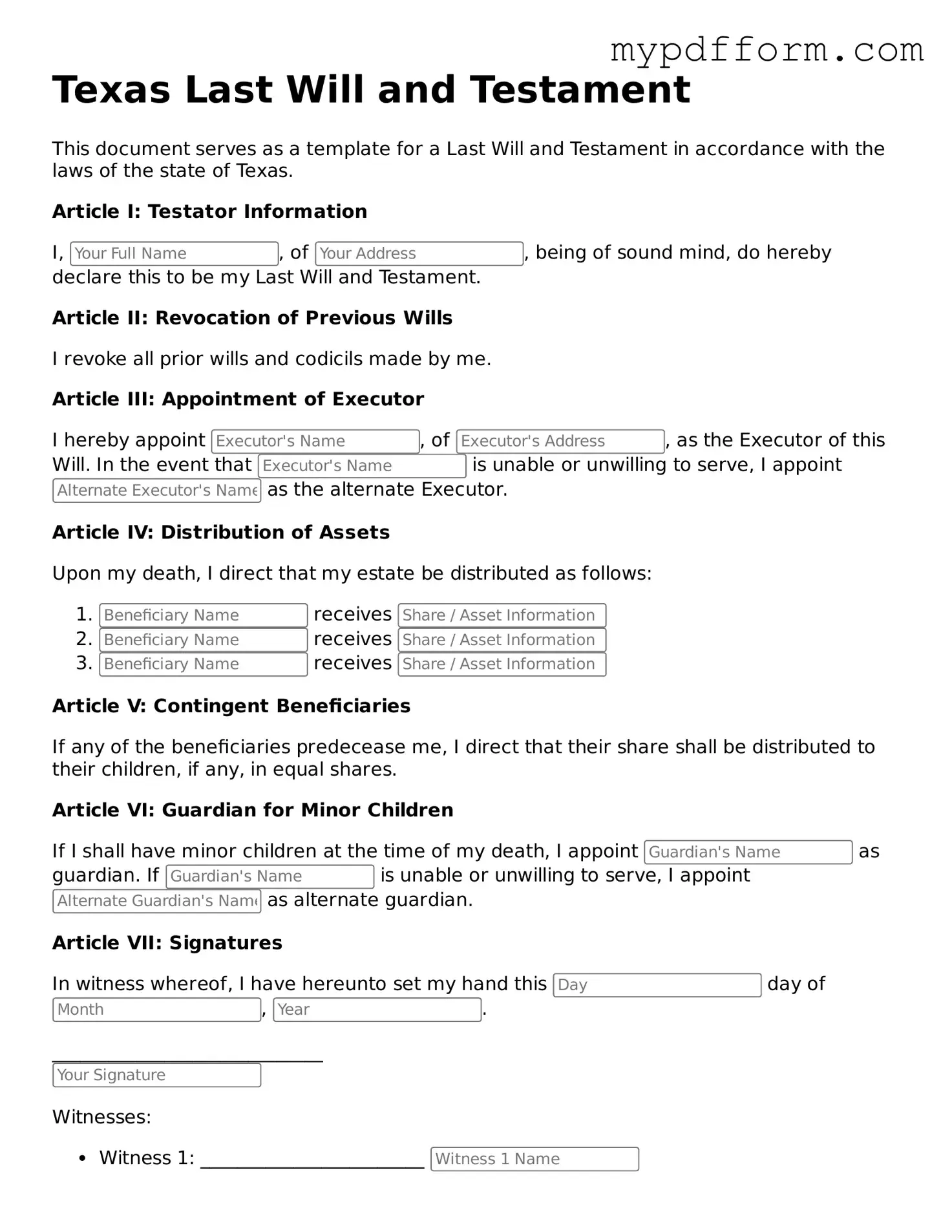 Valid  Last Will and Testament Template for Texas