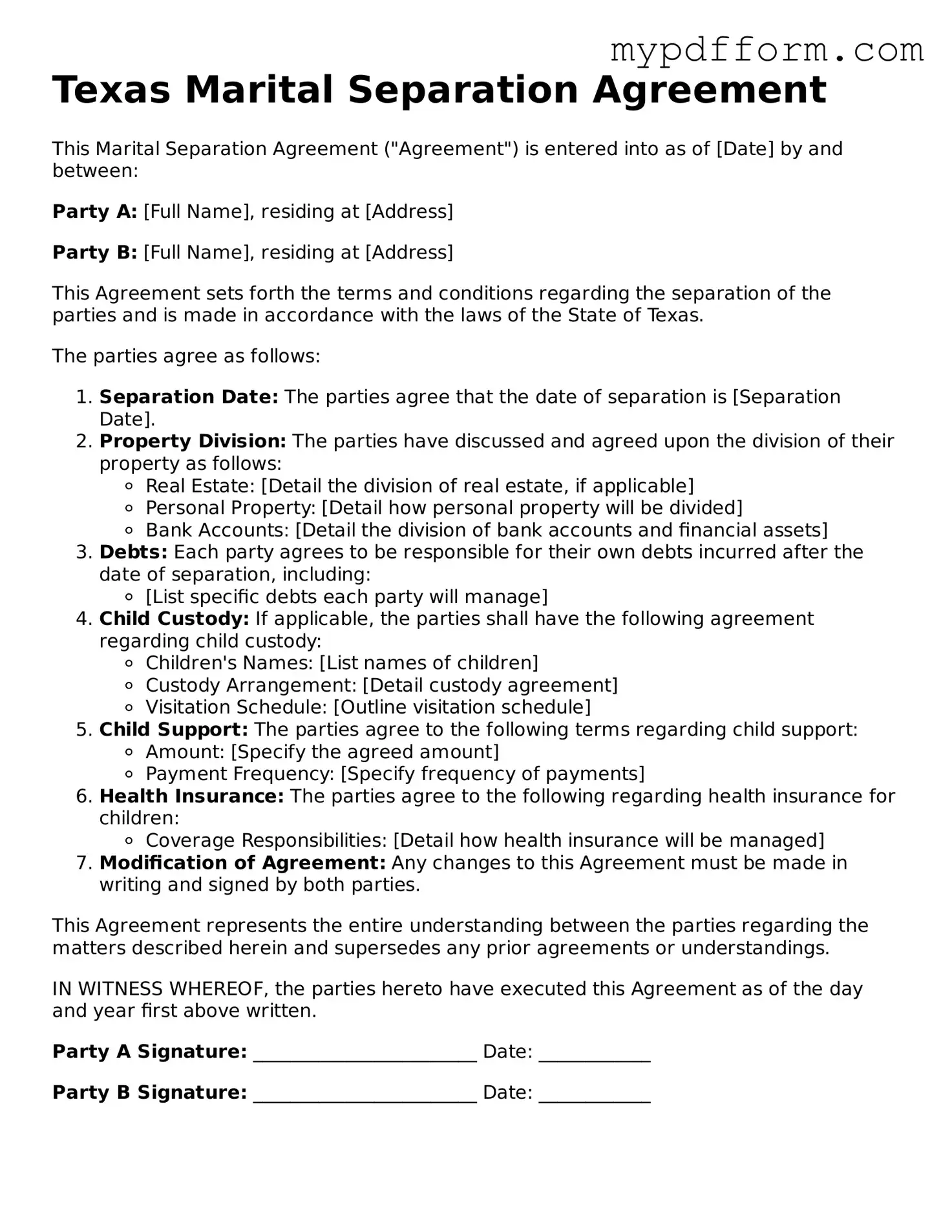 Valid  Marital Separation Agreement Template for Texas