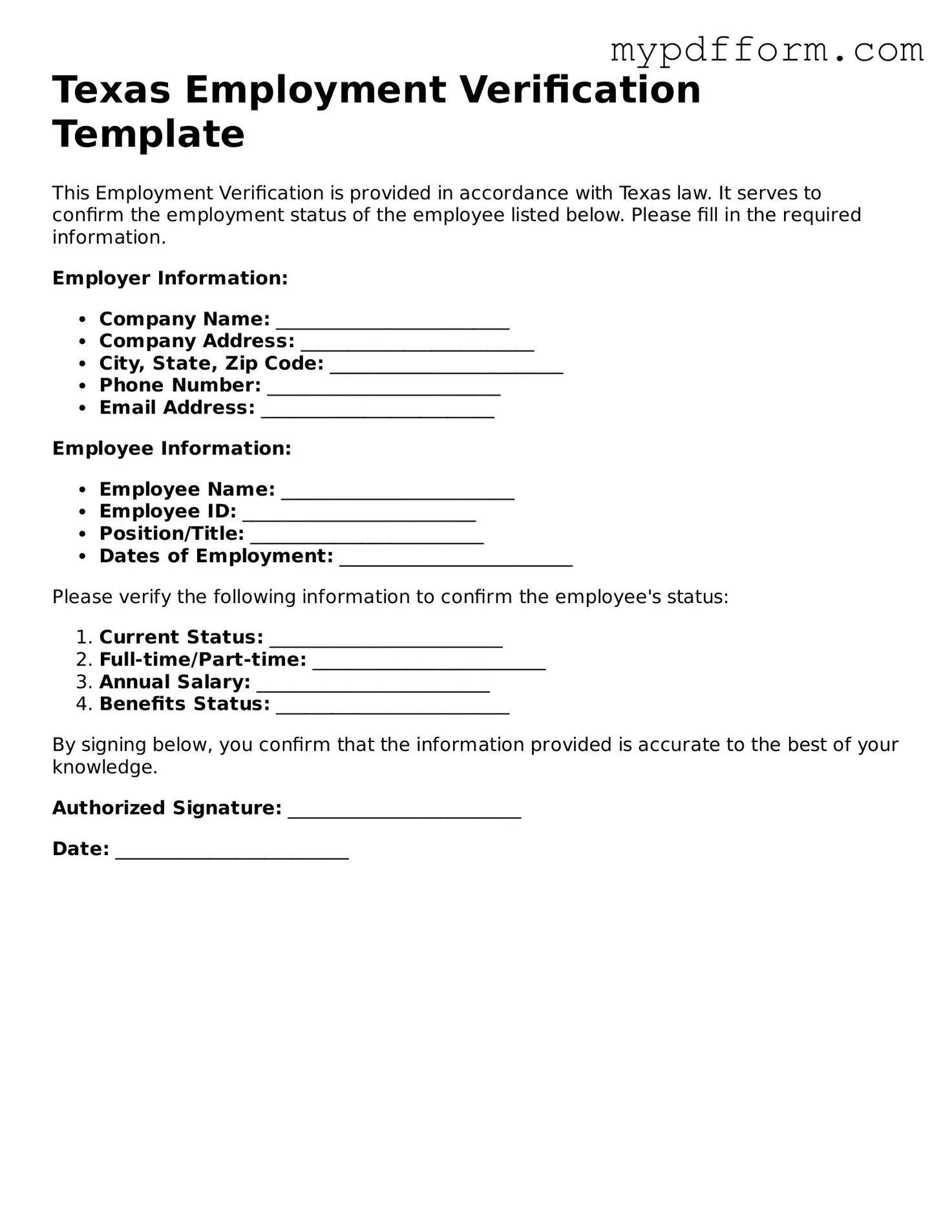 Valid  Employment Verification Template for Texas