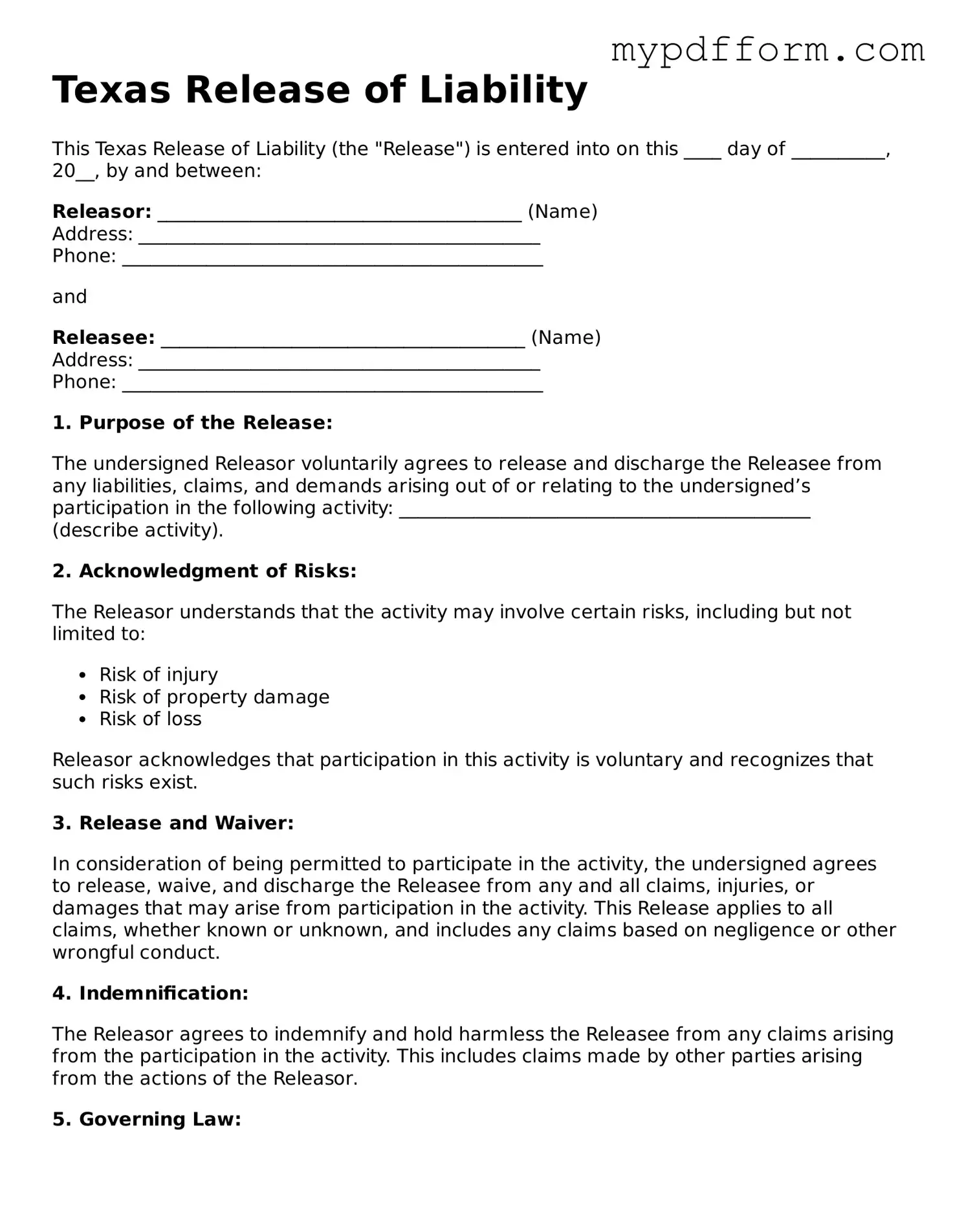 Valid  Release of Liability Template for Texas