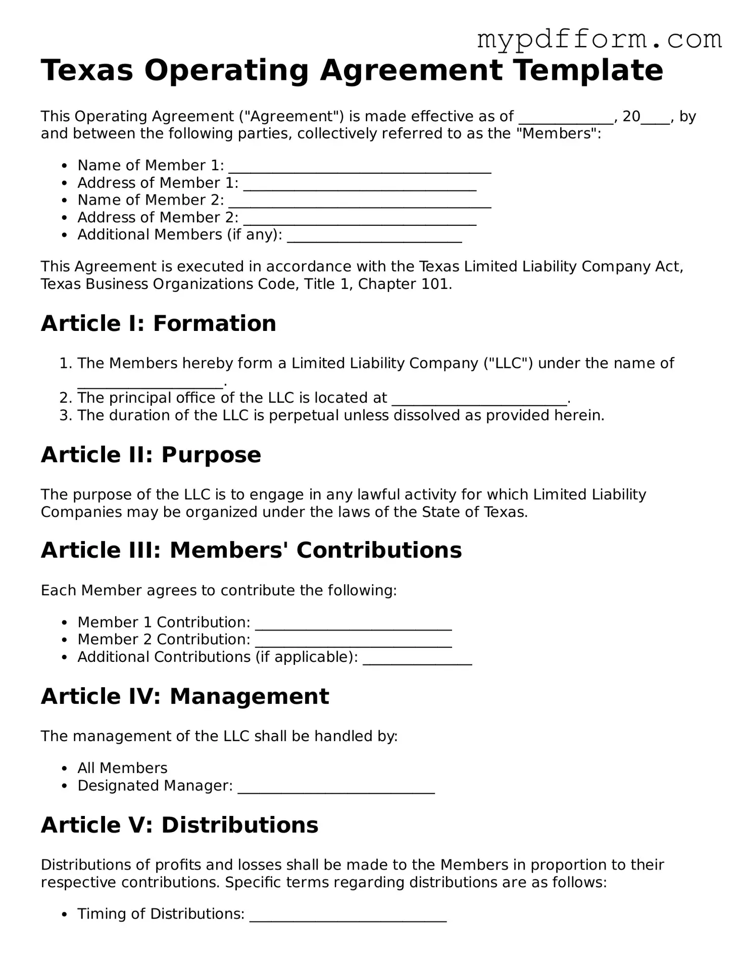 Valid  Operating Agreement Template for Texas
