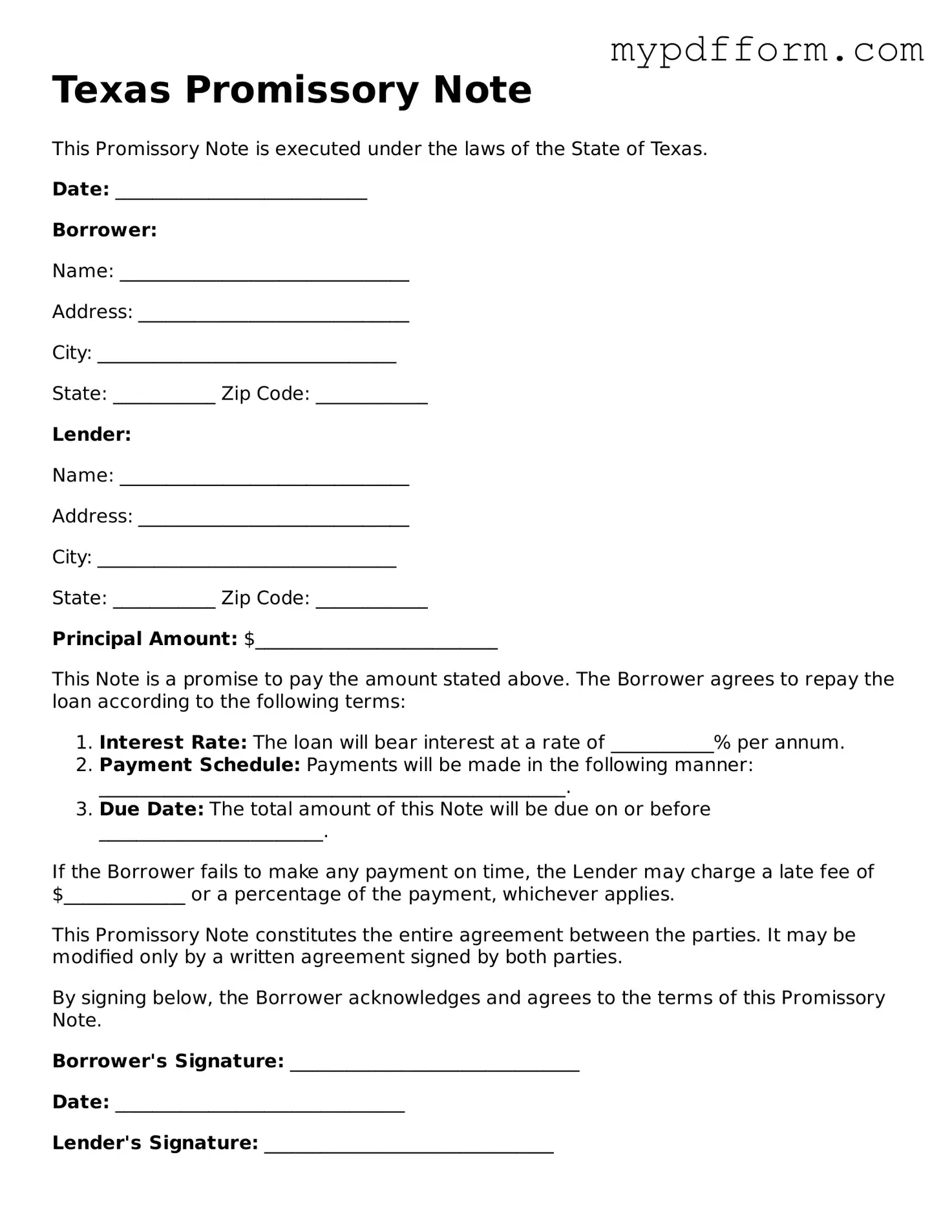 Valid  Promissory Note Template for Texas