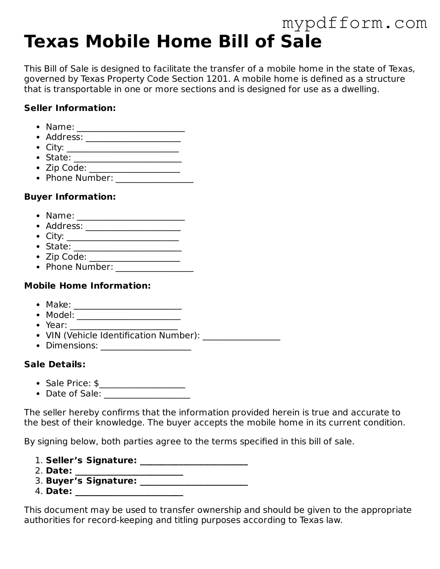 Valid  Mobile Home Bill of Sale Template for Texas