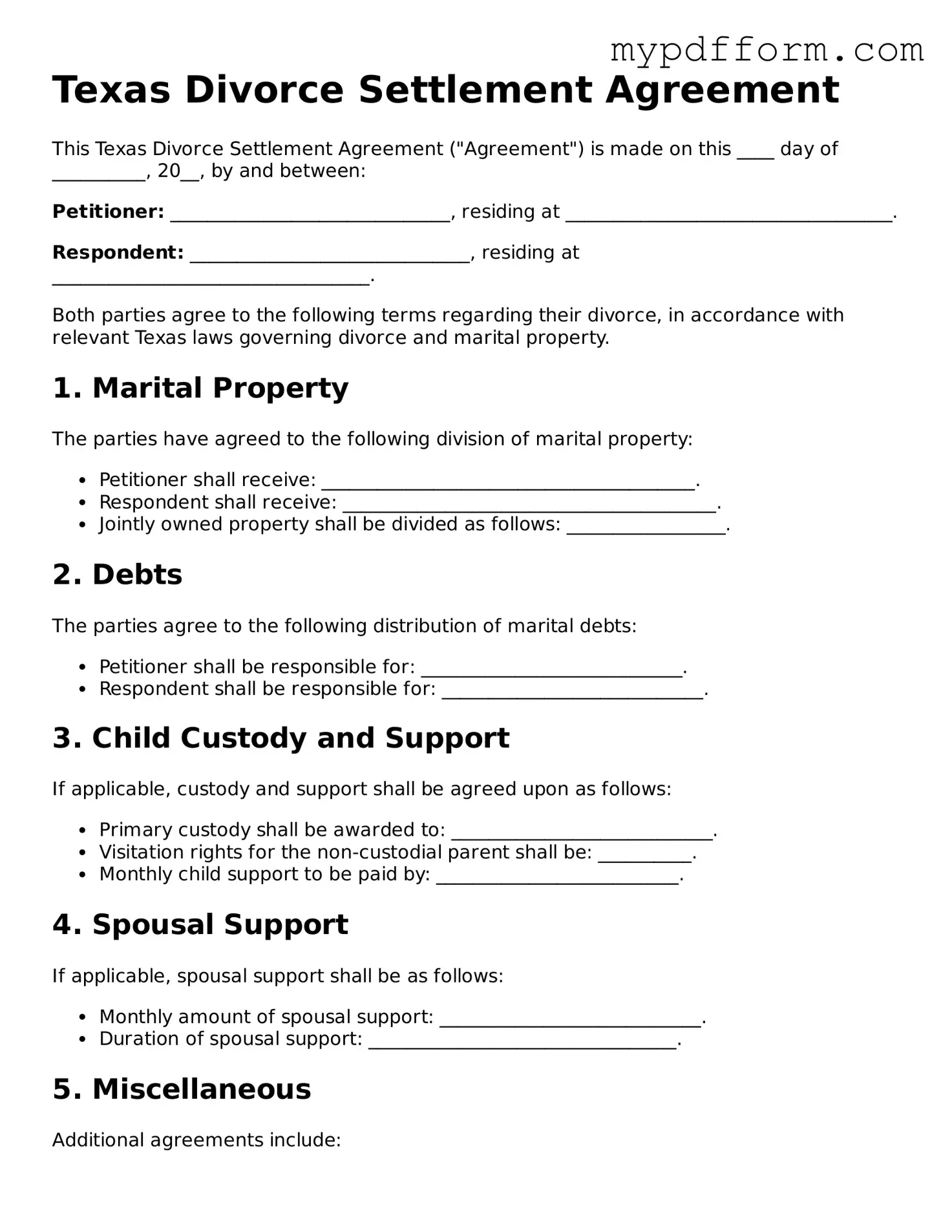 Valid  Divorce Settlement Agreement Template for Texas