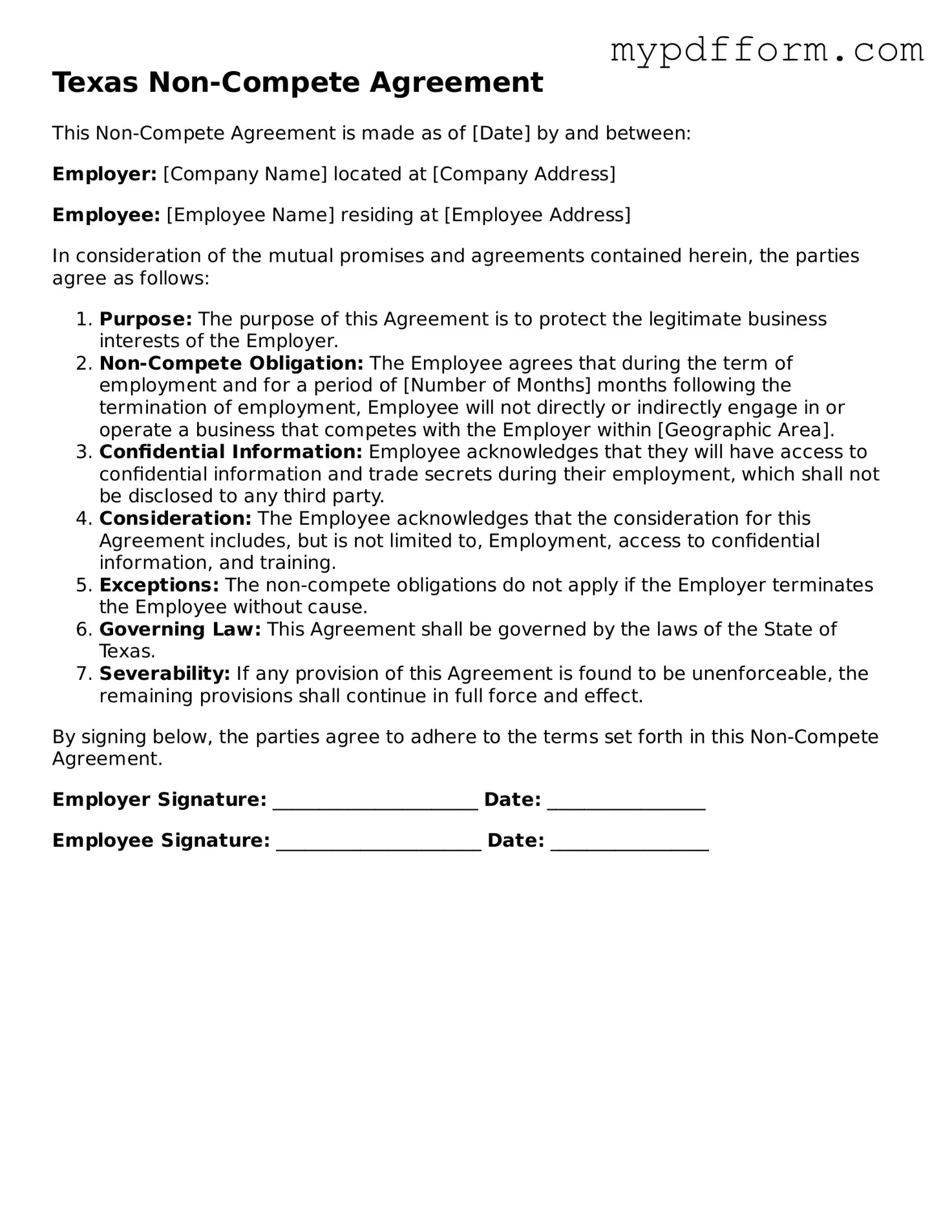 Valid  Non-compete Agreement Template for Texas