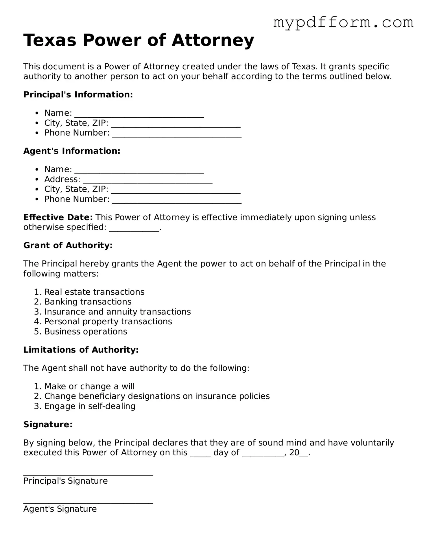 Valid  Power of Attorney Template for Texas