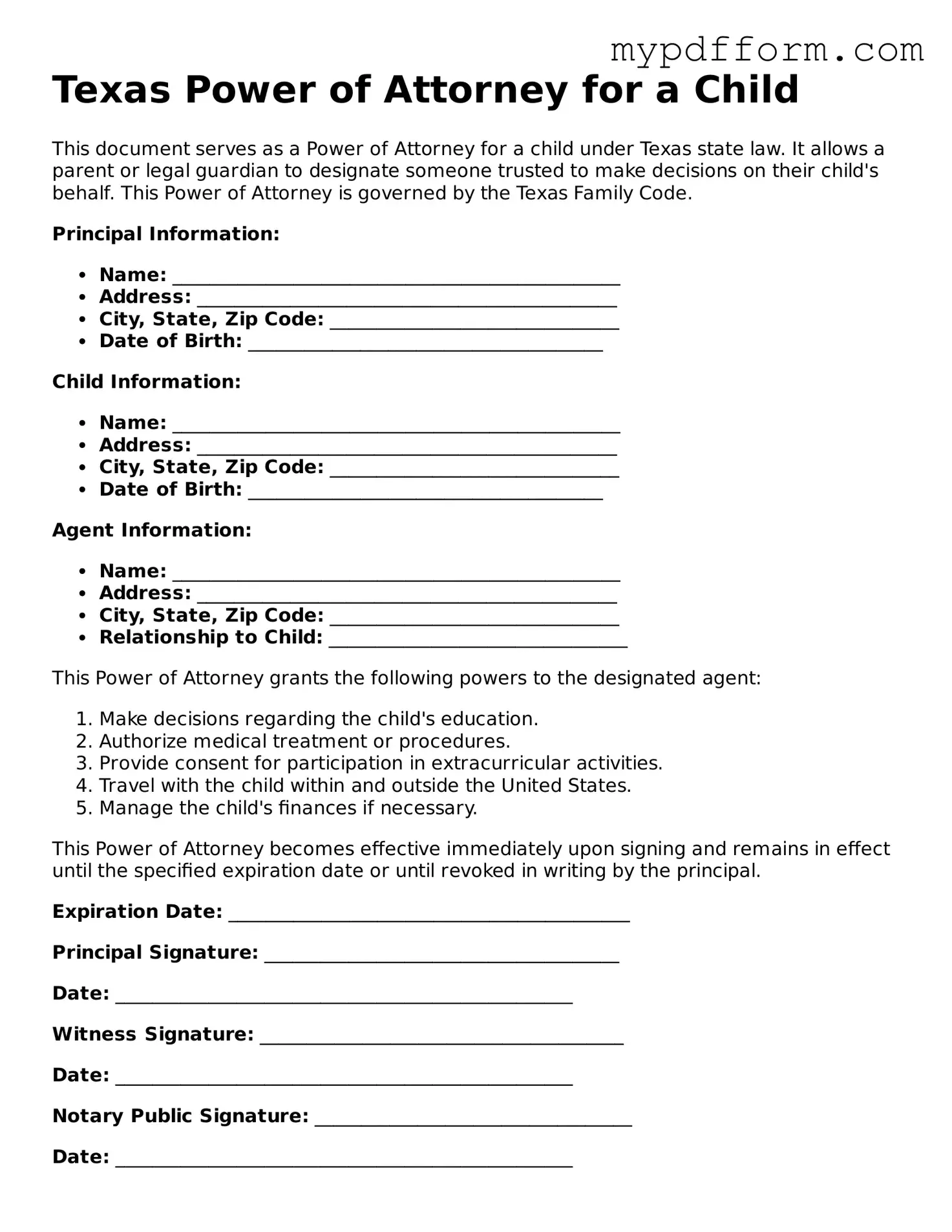 Valid  Power of Attorney for a Child Template for Texas
