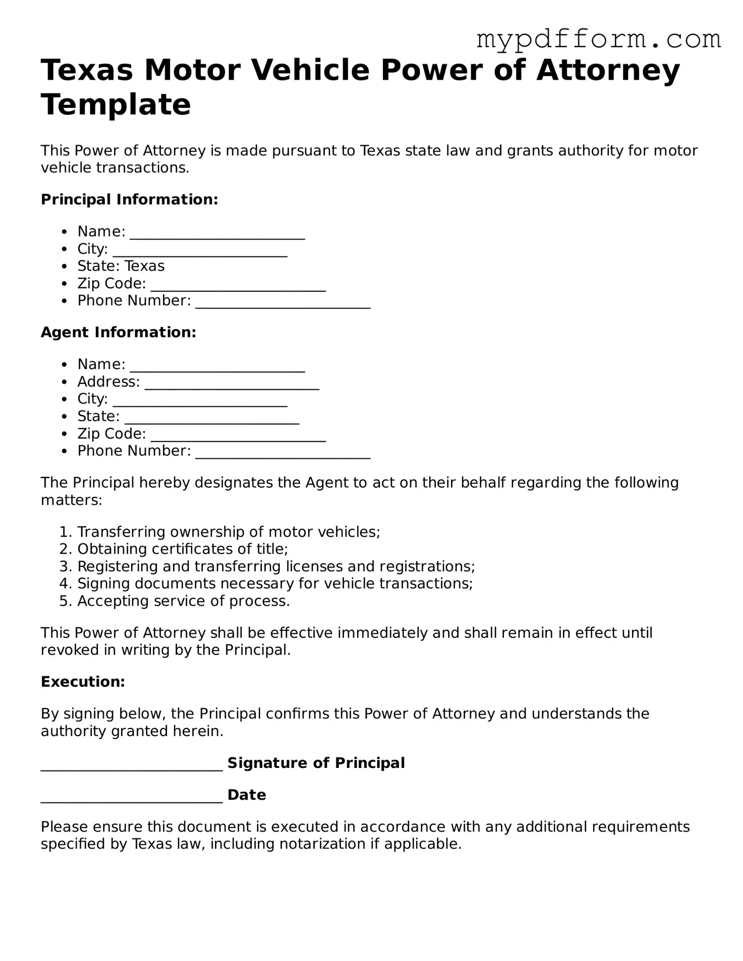 Valid  Motor Vehicle Power of Attorney Template for Texas