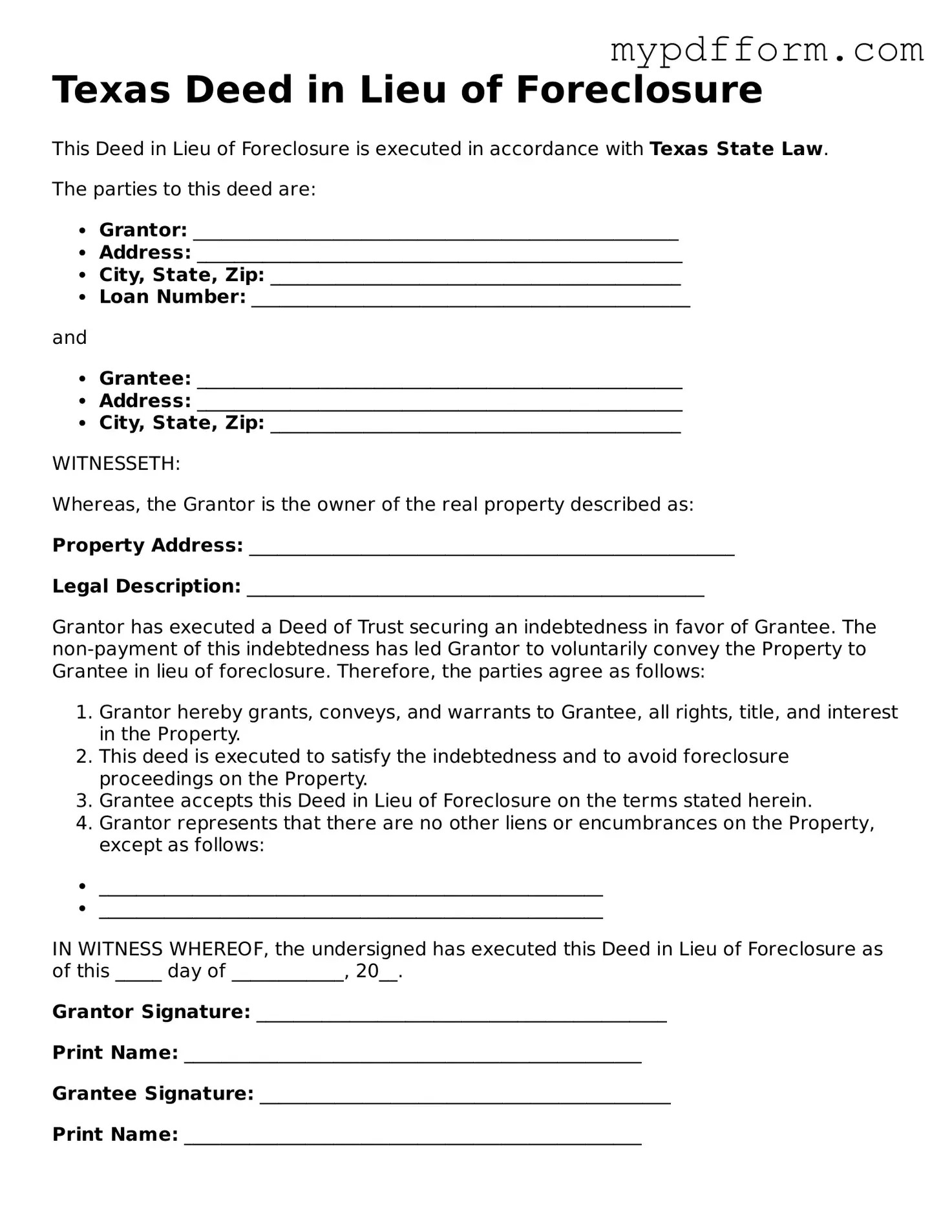 Valid  Deed in Lieu of Foreclosure Template for Texas