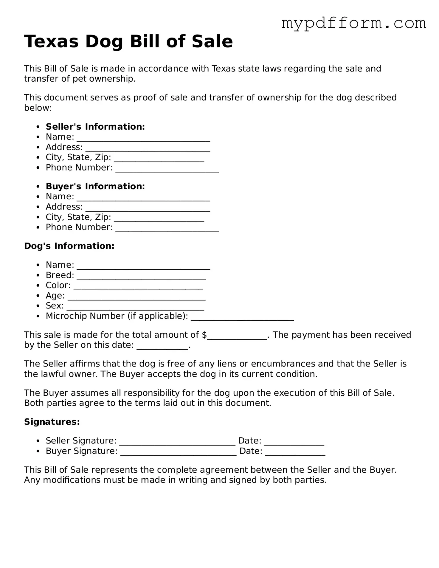Valid  Dog Bill of Sale Template for Texas