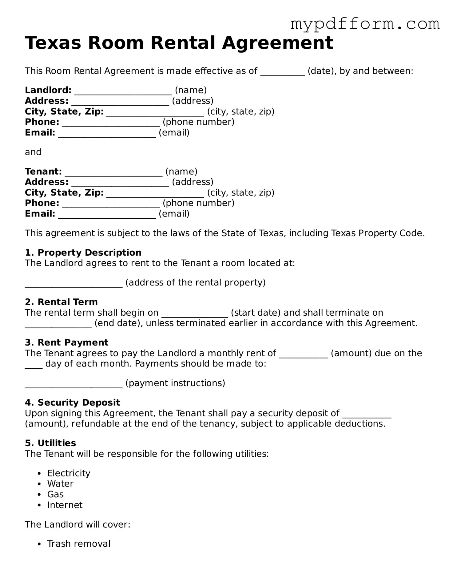 Valid  Room Rental Agreement Template for Texas