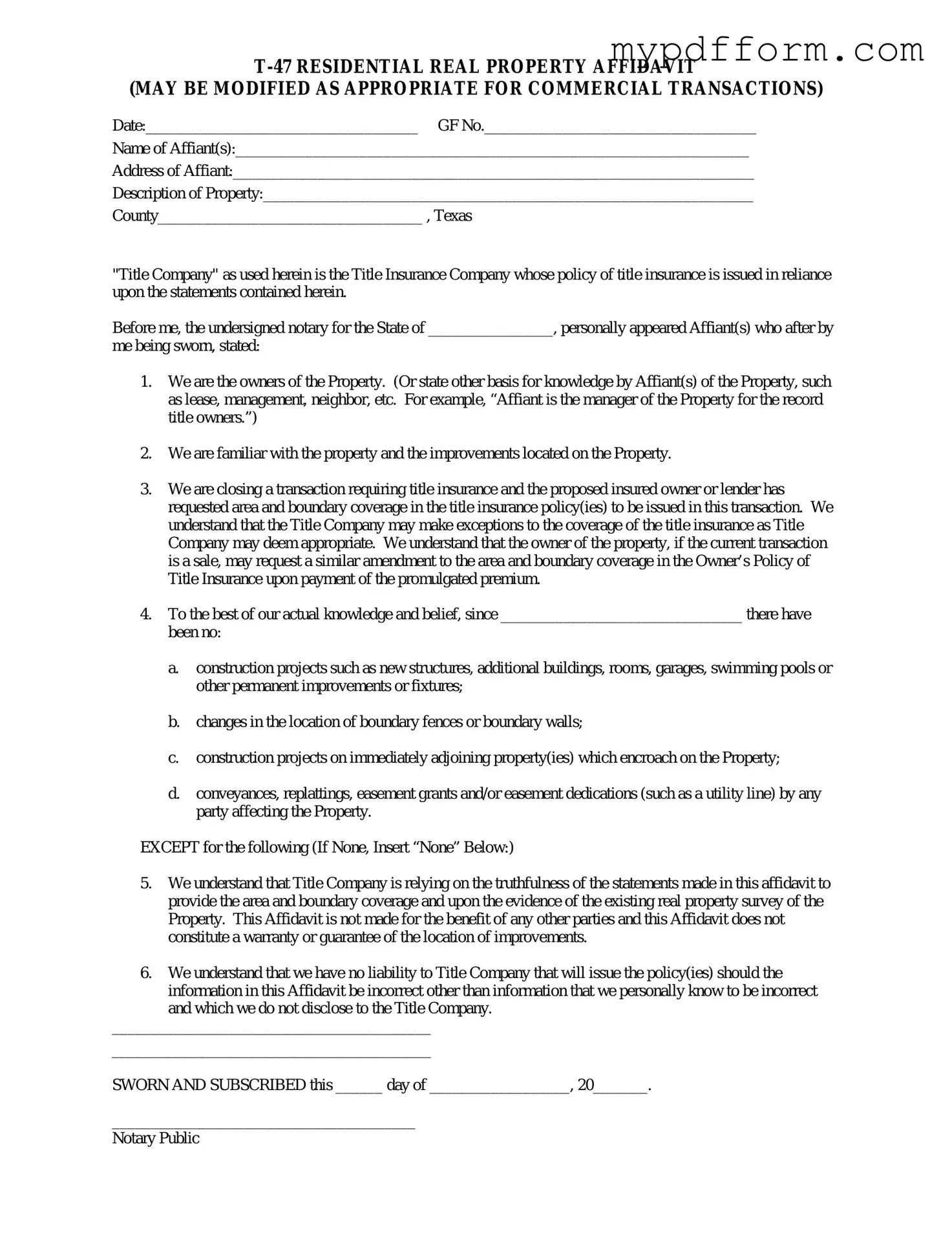 Fill in Your Texas residential property affidavit T-47 Form