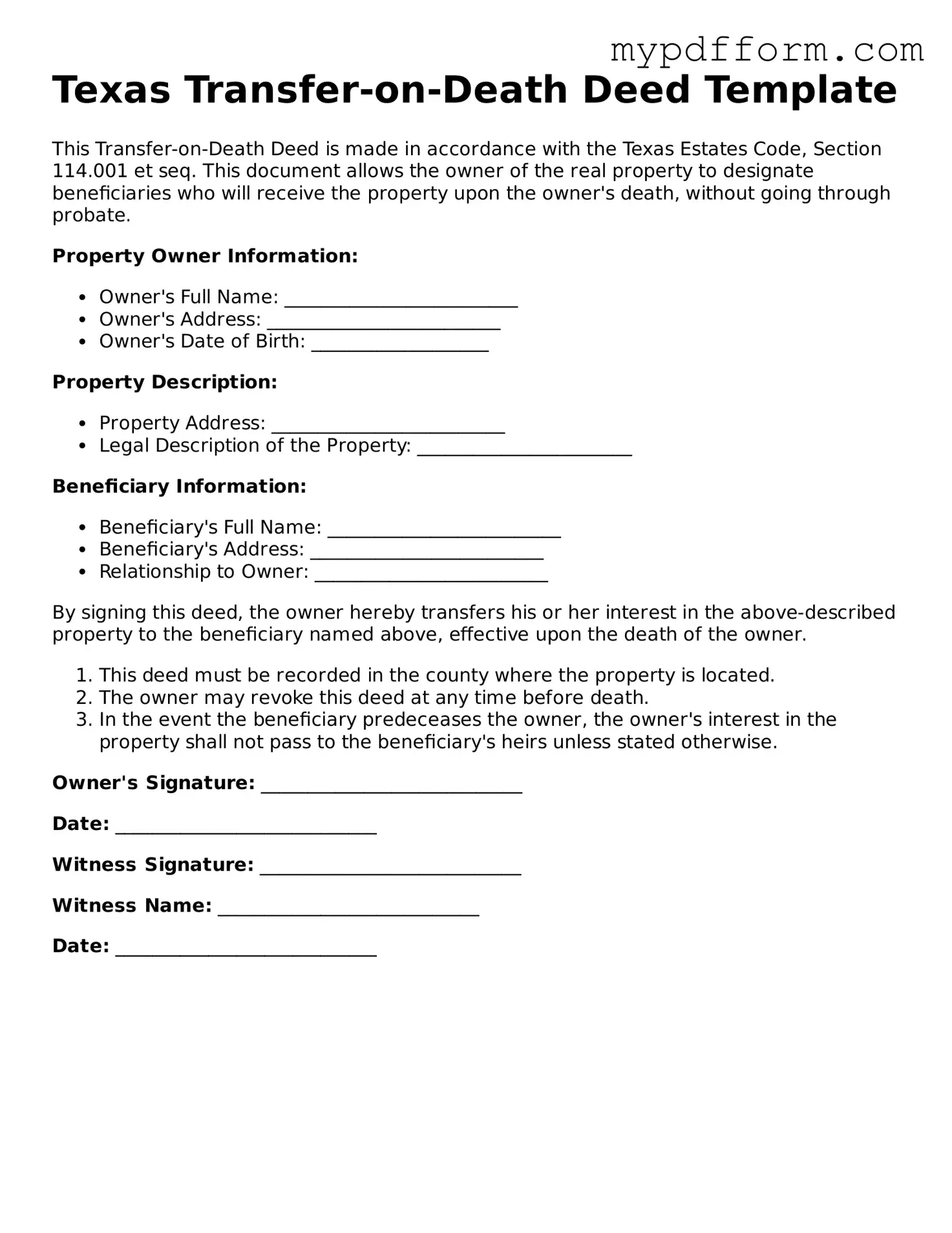 Valid  Transfer-on-Death Deed Template for Texas