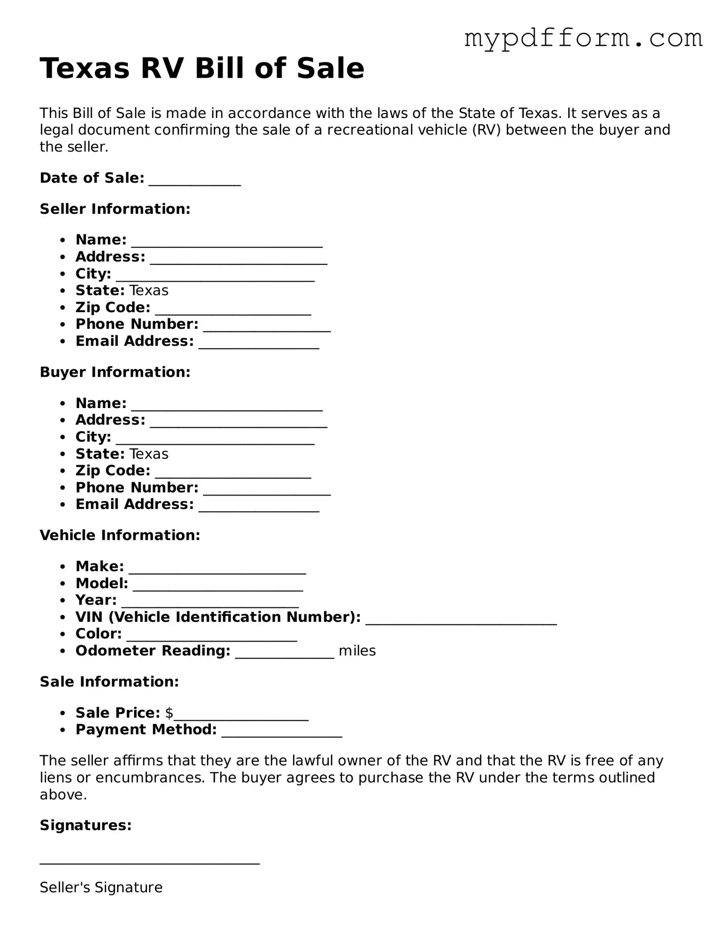 Valid  RV Bill of Sale Template for Texas