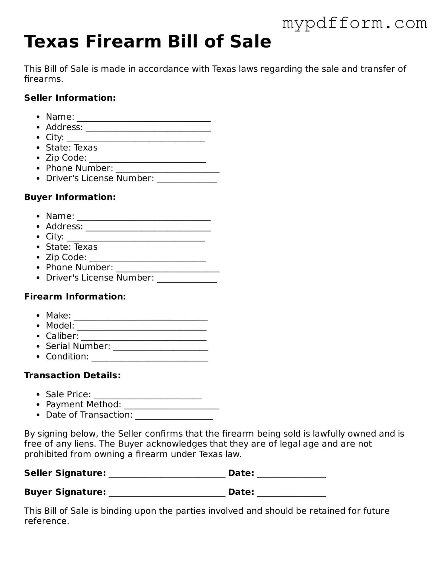 Valid  Firearm Bill of Sale Template for Texas
