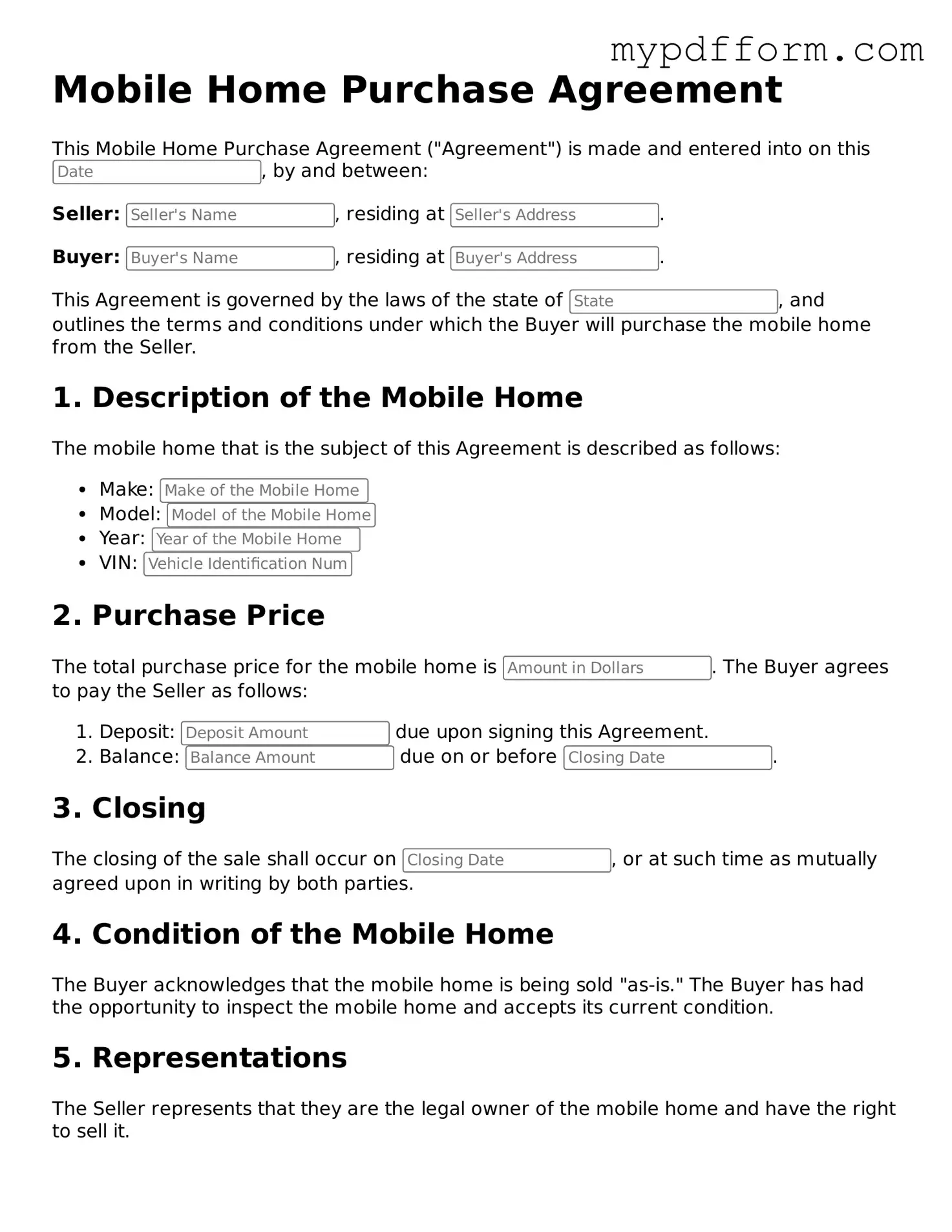 Fillable Mobile Home Purchase Agreement Document