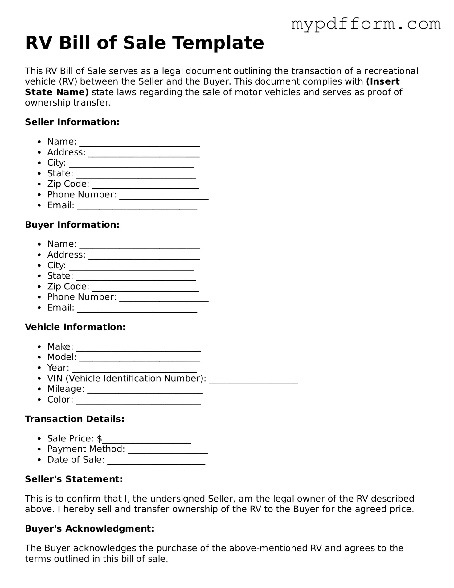 Fillable RV Bill of Sale Document